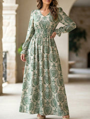 Women's Printed V-Neck Full Skirt Dress_CWDMD02343