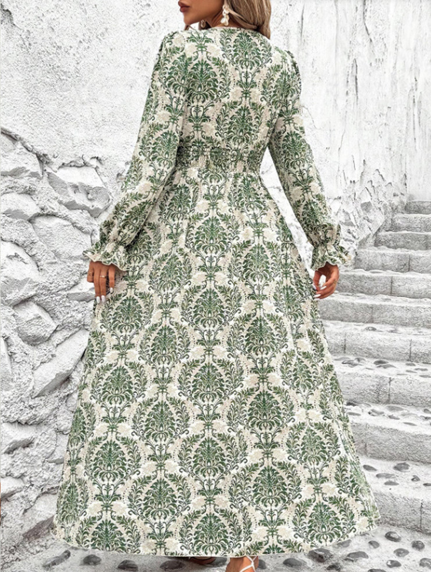 Women's Printed V-Neck Full Skirt Dress_CWDMD02343