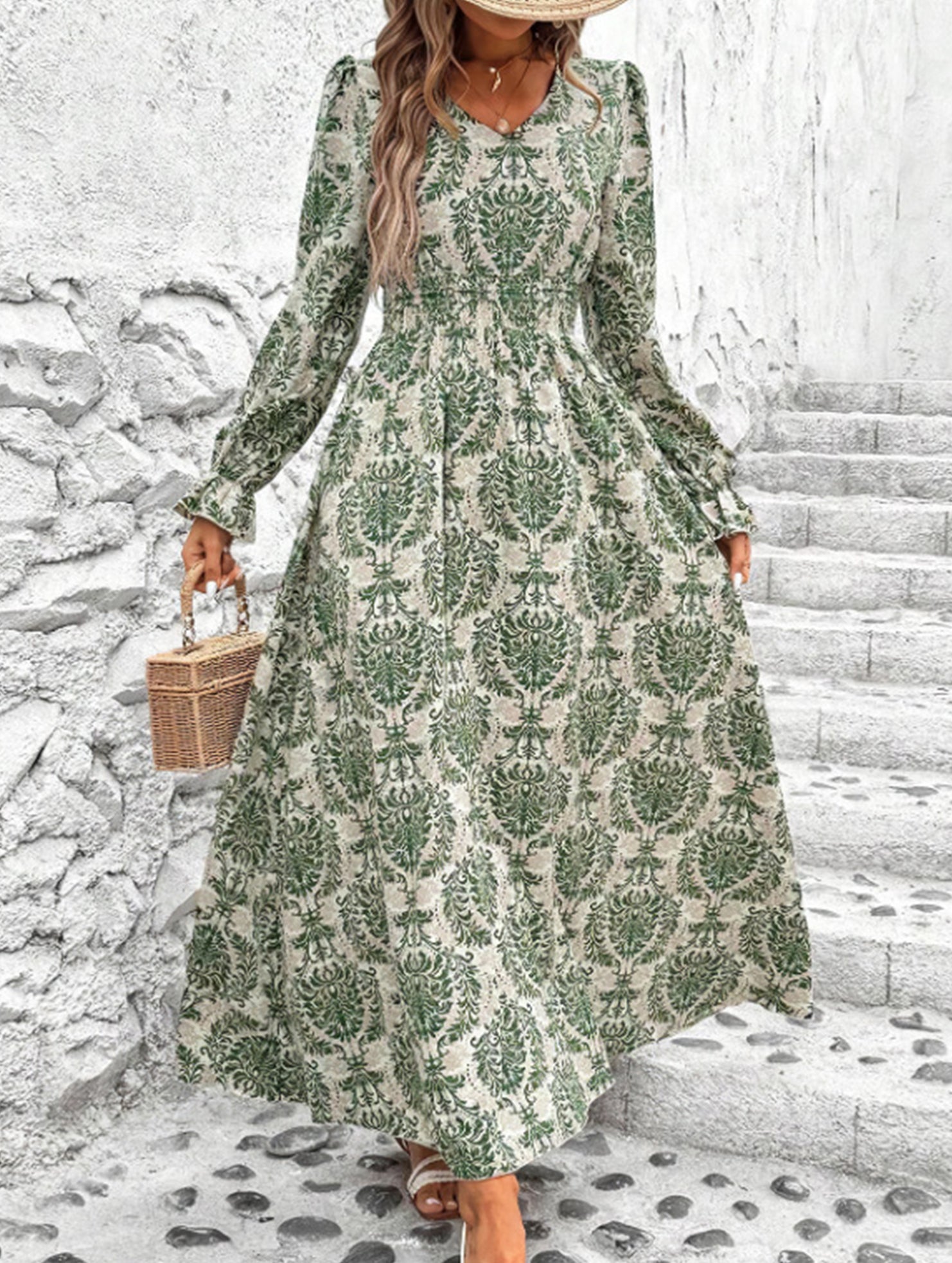 Women's Printed V-Neck Full Skirt Dress_CWDMD02343