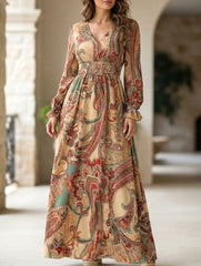 Women's Printed V-Neck Full Skirt Dress_CWDMD02343