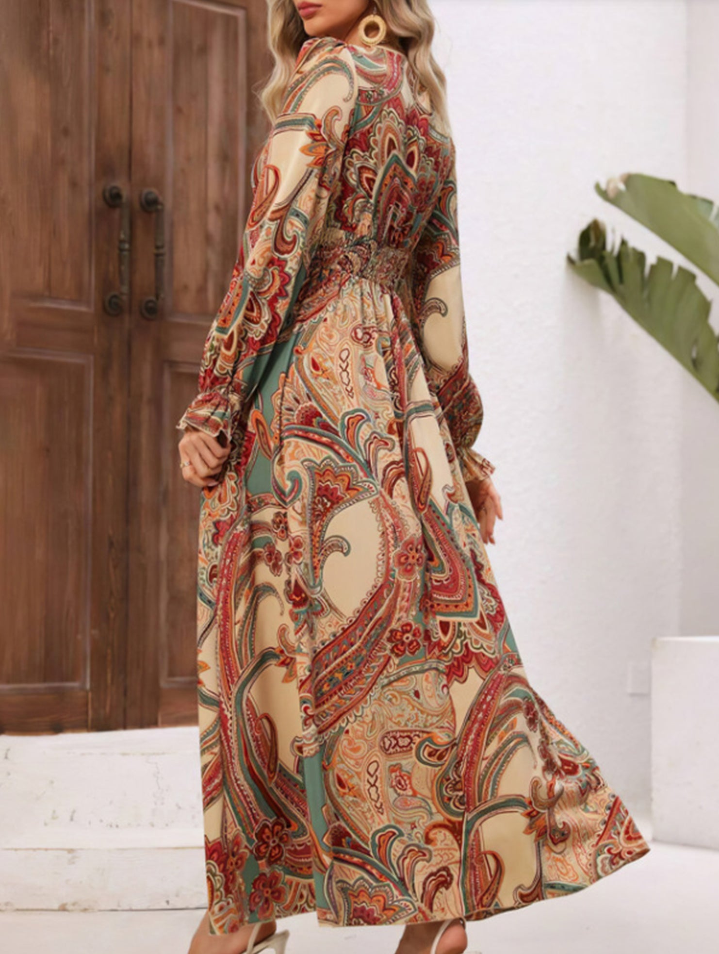 Women's Printed V-Neck Full Skirt Dress_CWDMD02343