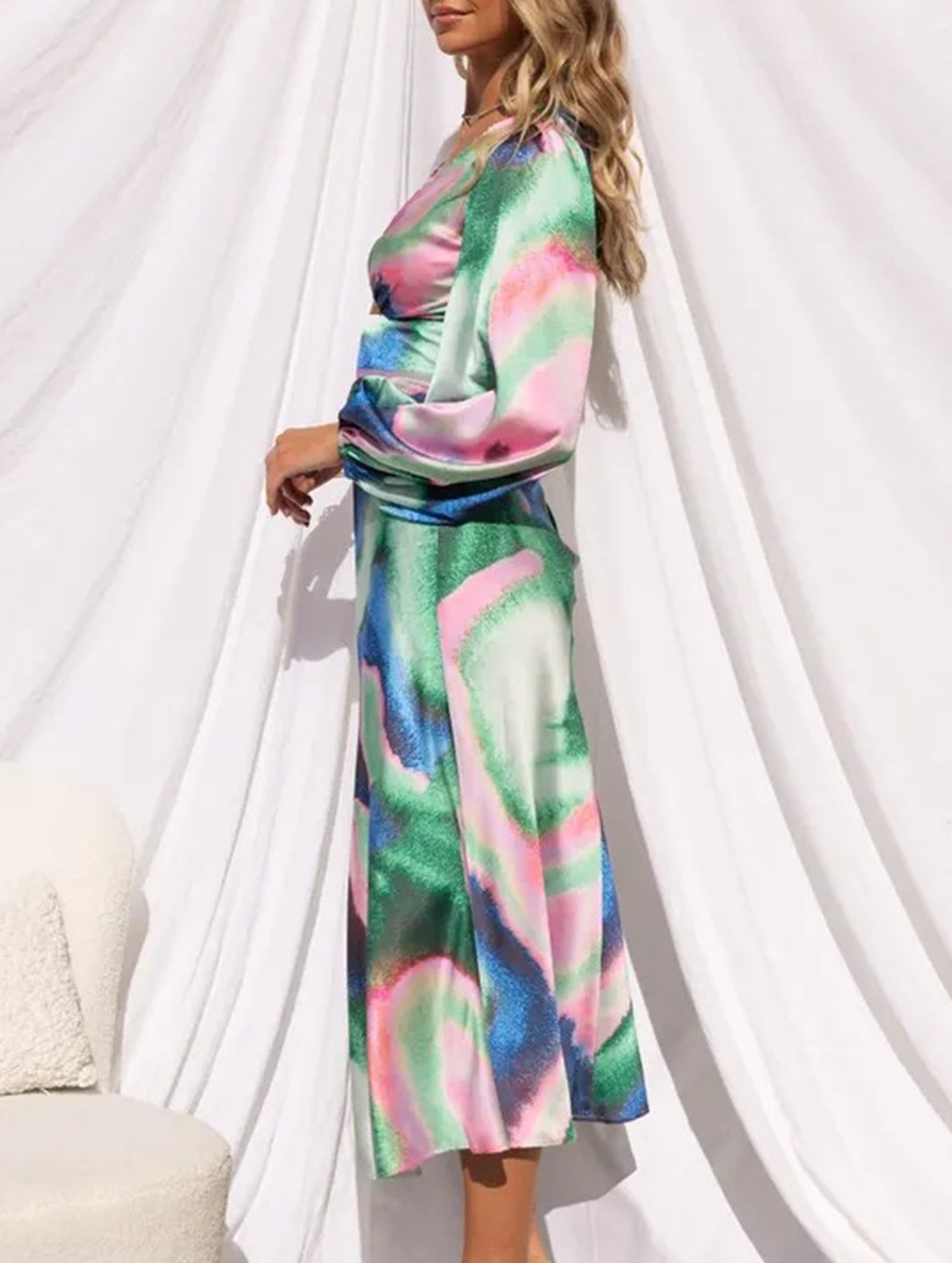 French-style tie-dye satin crop top dress for women_CWDMD02345