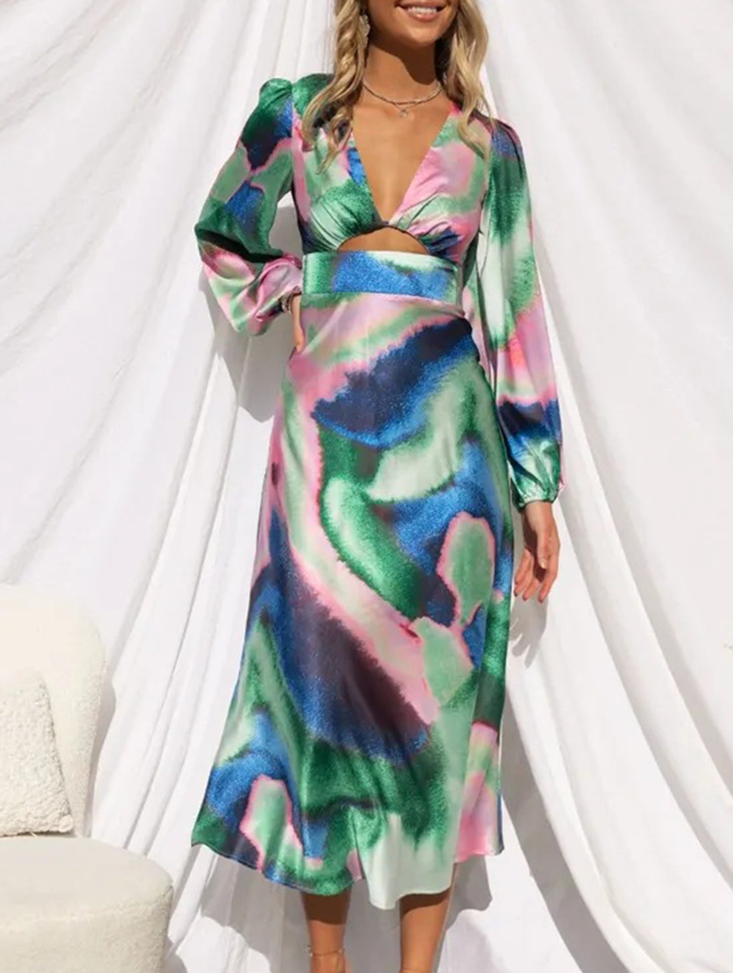 French-style tie-dye satin crop top dress for women_CWDMD02345
