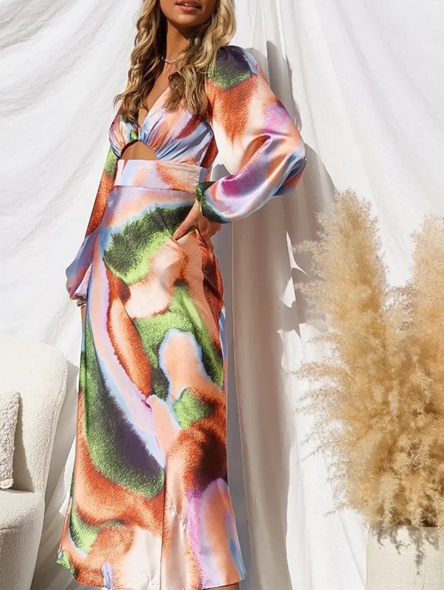 French-style tie-dye satin crop top dress for women_CWDMD02345