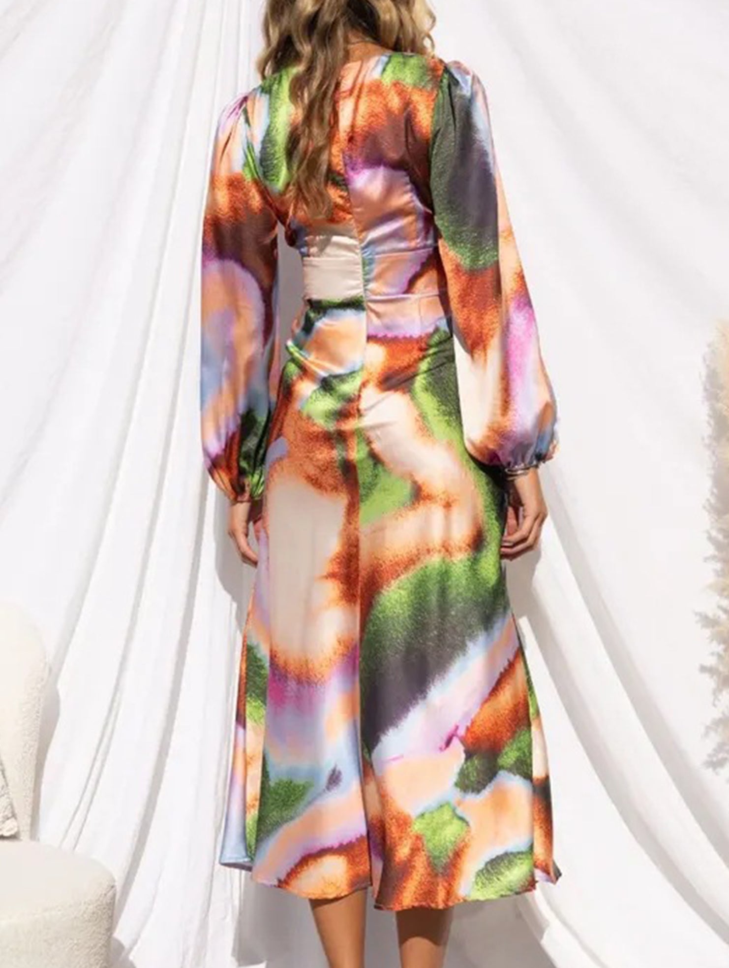 French-style tie-dye satin crop top dress for women_CWDMD02345