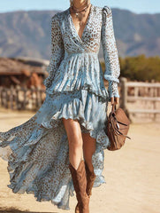 Printed V-neck long-sleeved lace dress for women_CWDMD02346