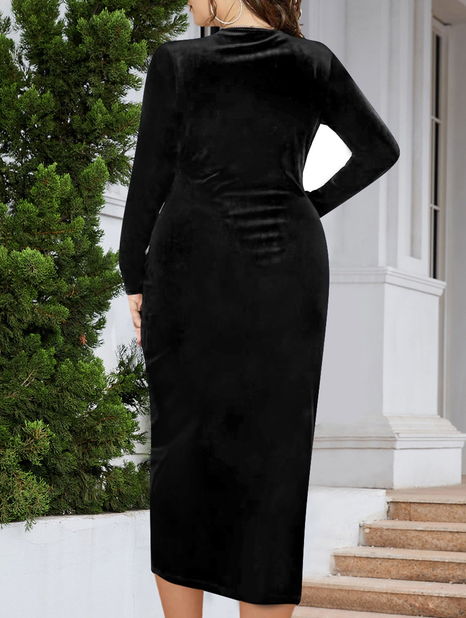 Plus Size Ruched Deep V Bodycon Dress