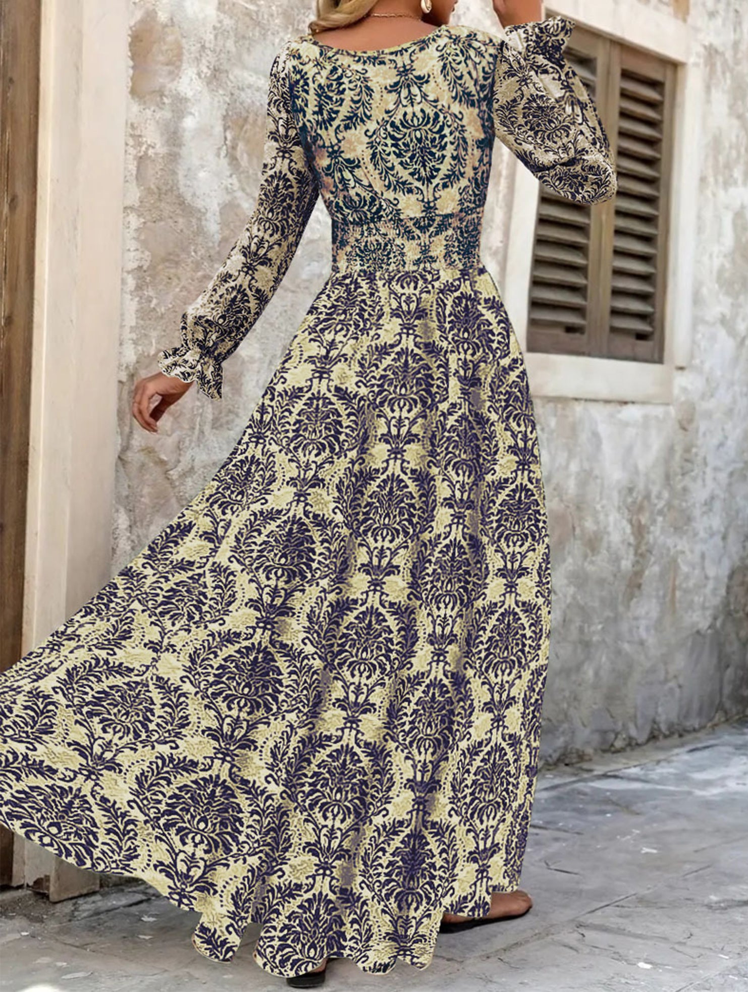 Vintage Print V Neck Long Sleeve Maxi Dress_CWDMD02351