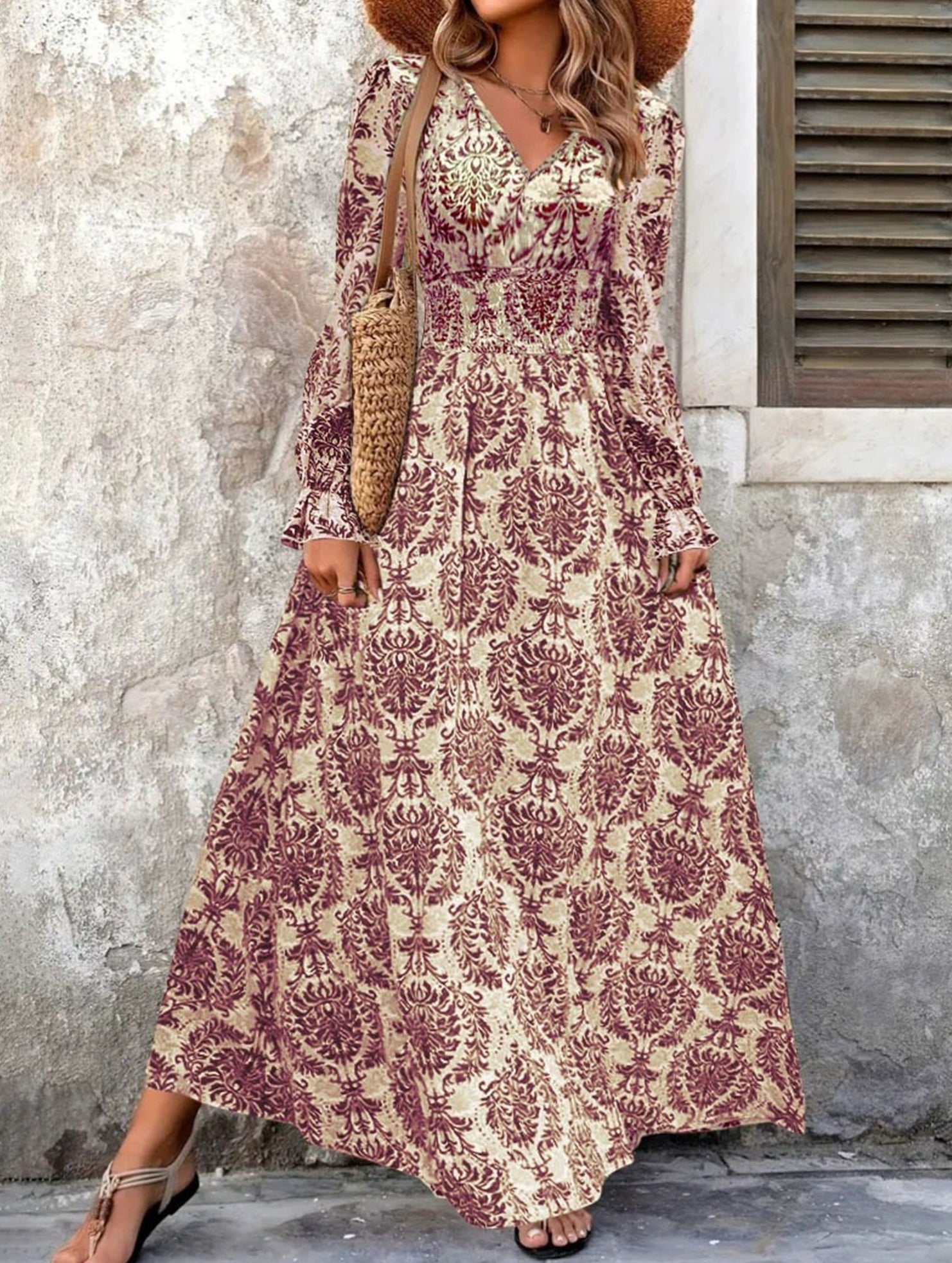 Vintage Print V Neck Long Sleeve Maxi Dress_CWDMD02351