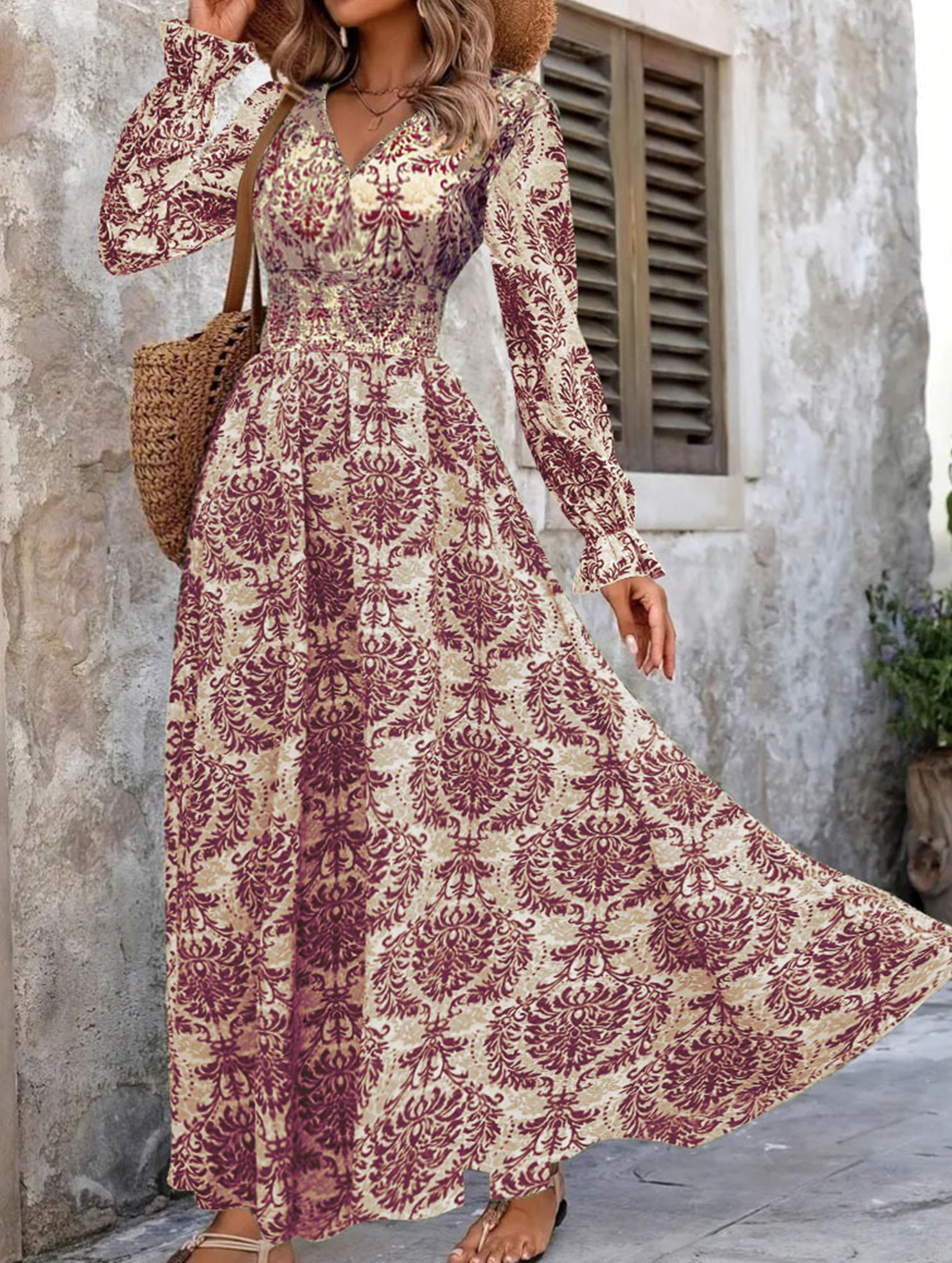 Vintage Print V Neck Long Sleeve Maxi Dress_CWDMD02351