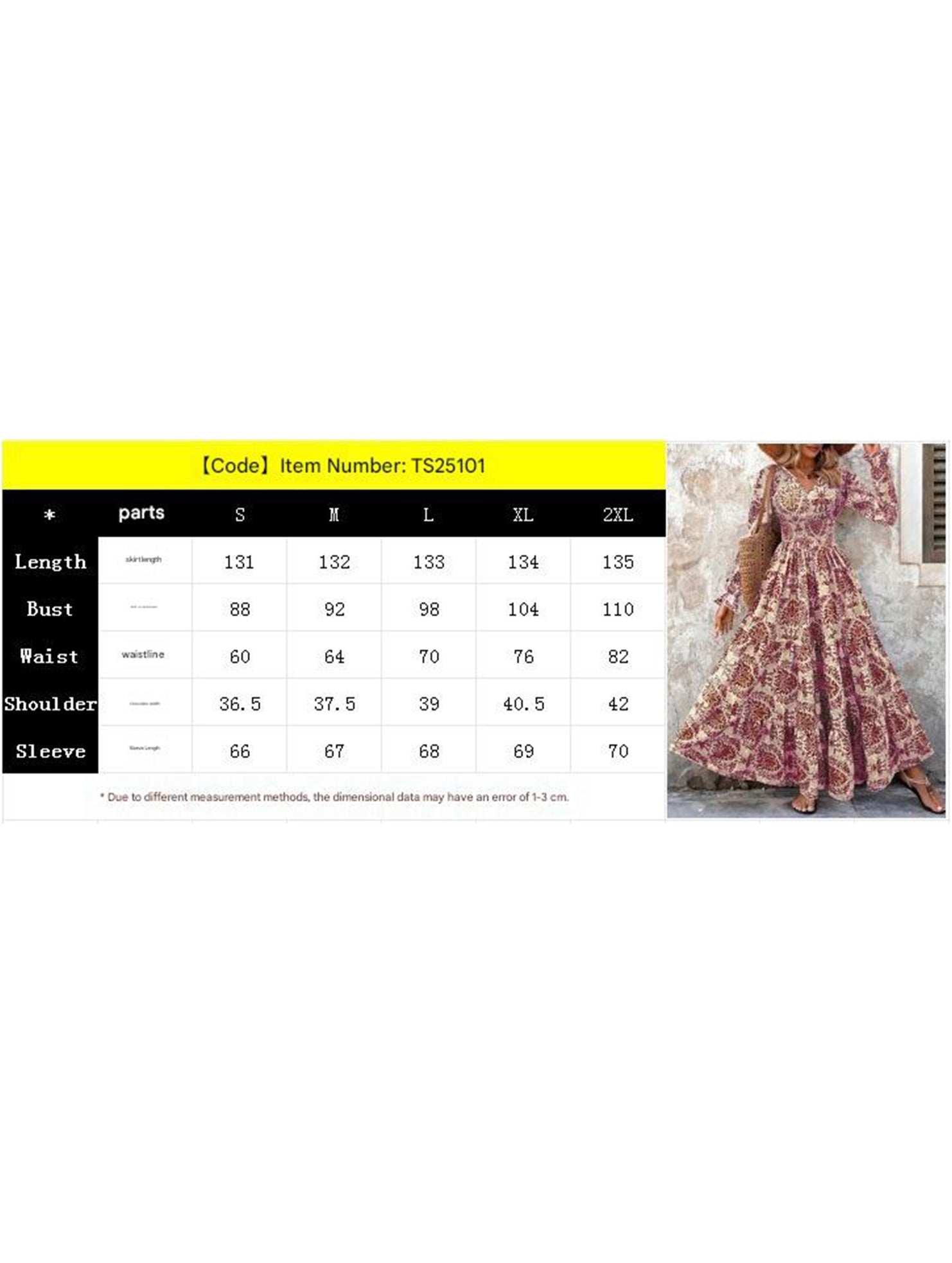 Vintage Print V Neck Long Sleeve Maxi Dress_CWDMD02351