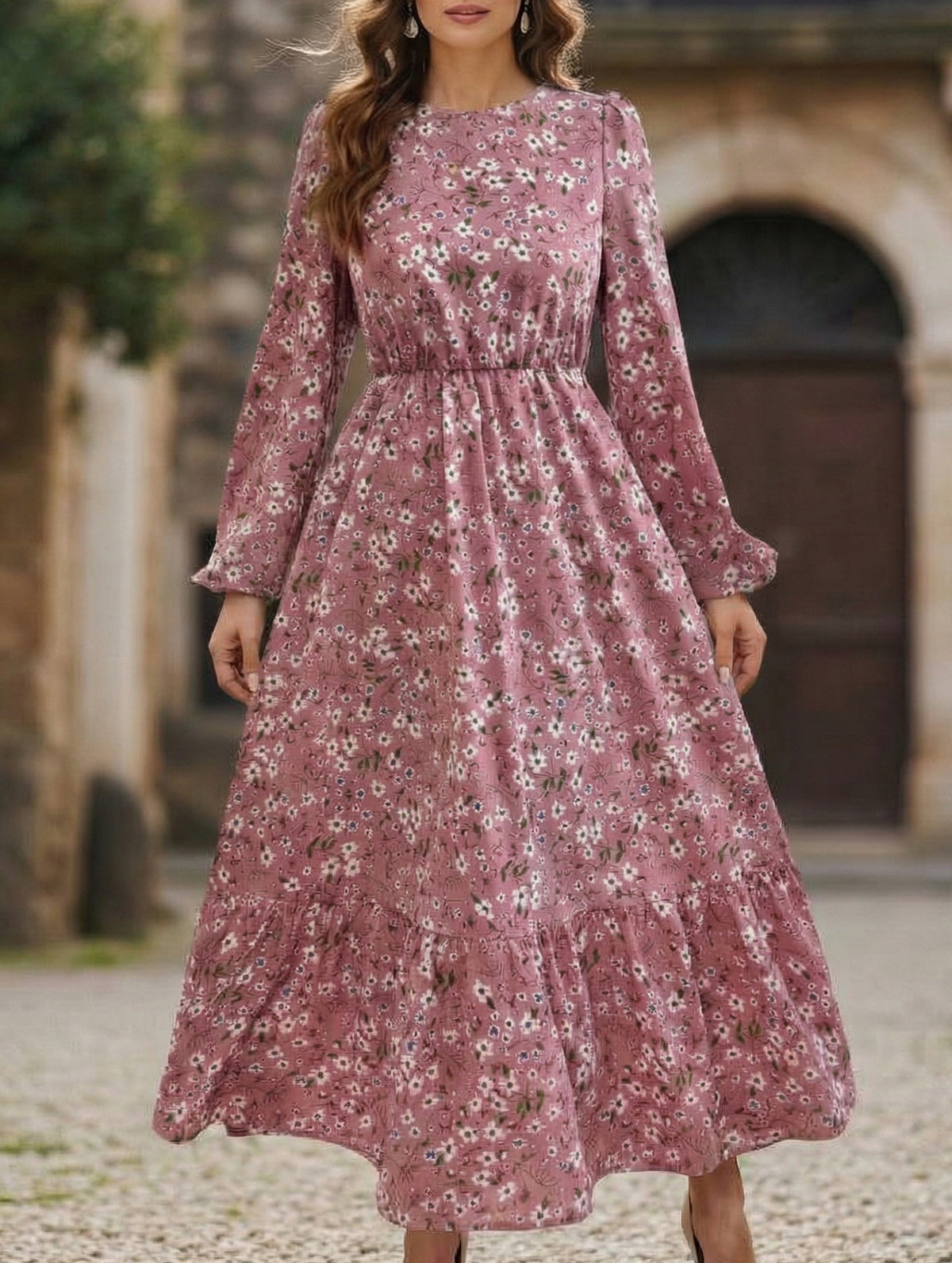 Floral High Waist Long Sleeve Midi Dress_CWDMD02352