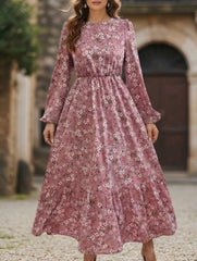 Floral High Waist Long Sleeve Midi Dress_CWDMD02352