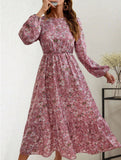 Floral High Waist Long Sleeve Midi Dress_CWDMD02352