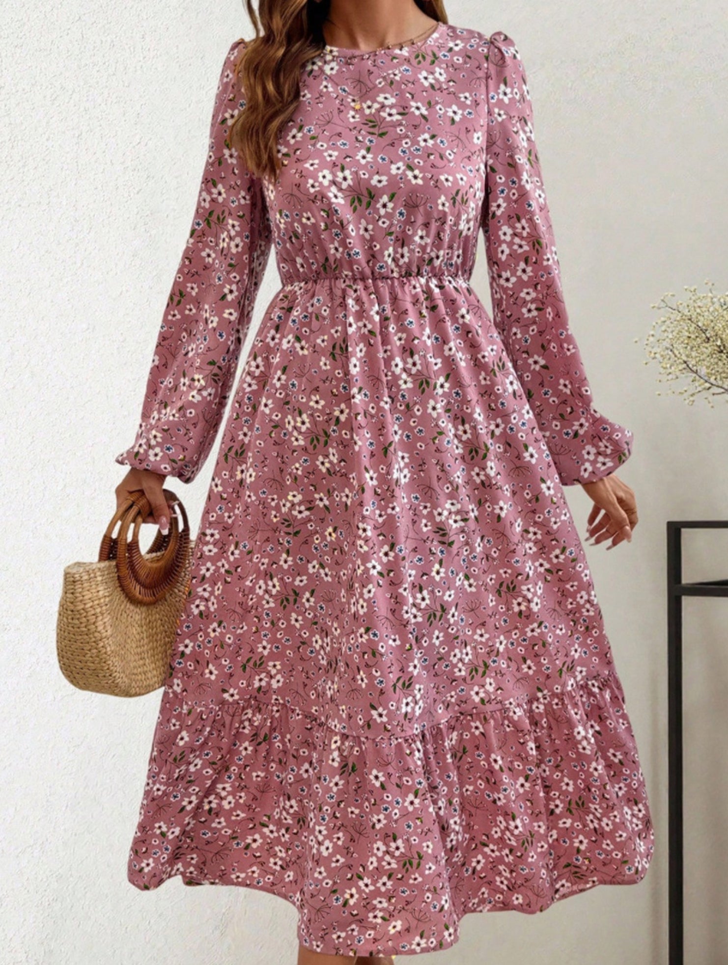 Floral High Waist Long Sleeve Midi Dress_CWDMD02352