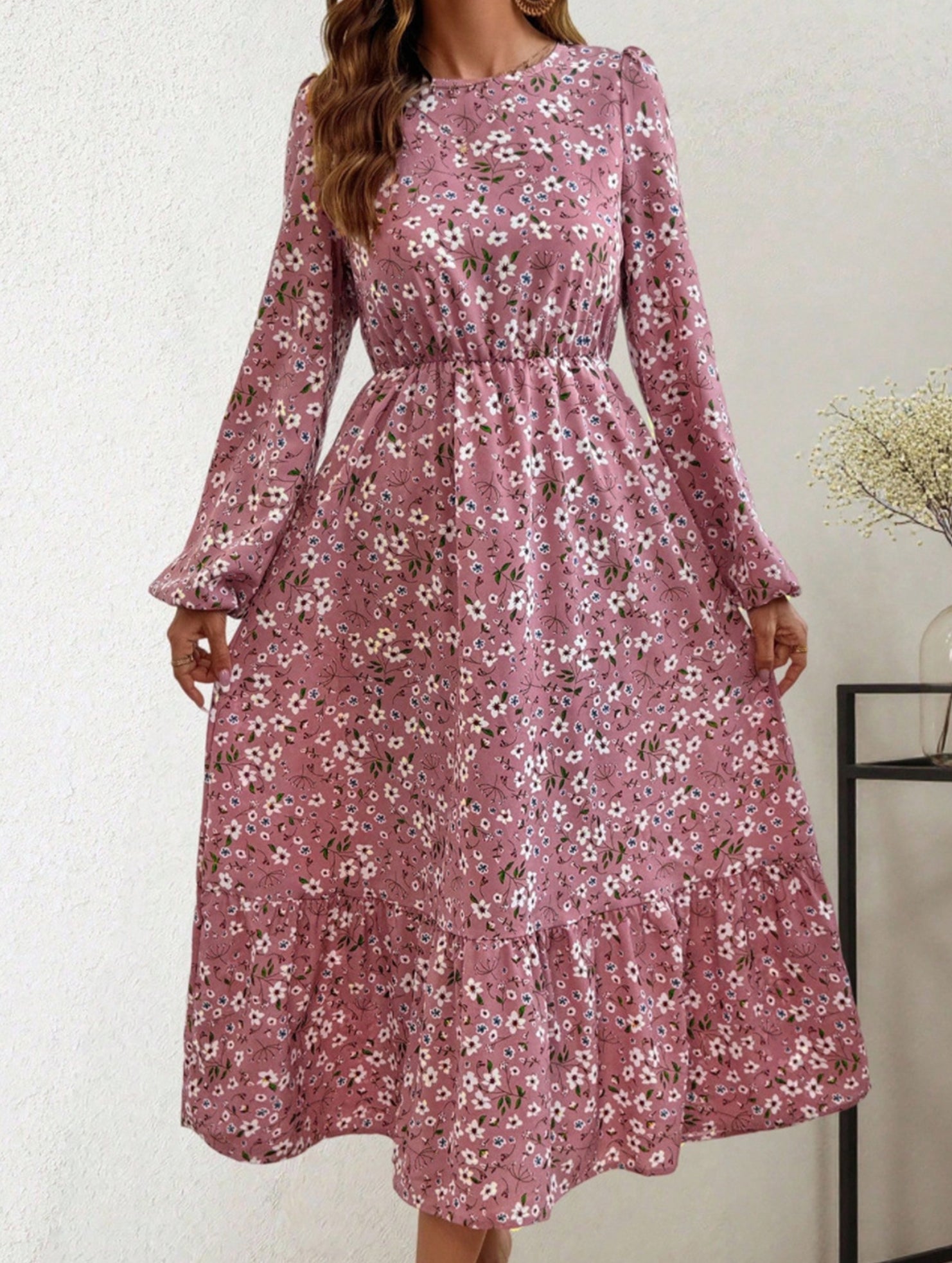 Floral High Waist Long Sleeve Midi Dress_CWDMD02352