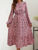 Floral High Waist Long Sleeve Midi Dress_CWDMD02352