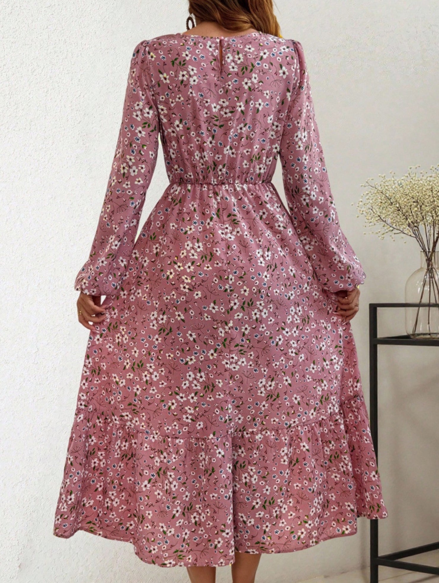 Floral High Waist Long Sleeve Midi Dress_CWDMD02352