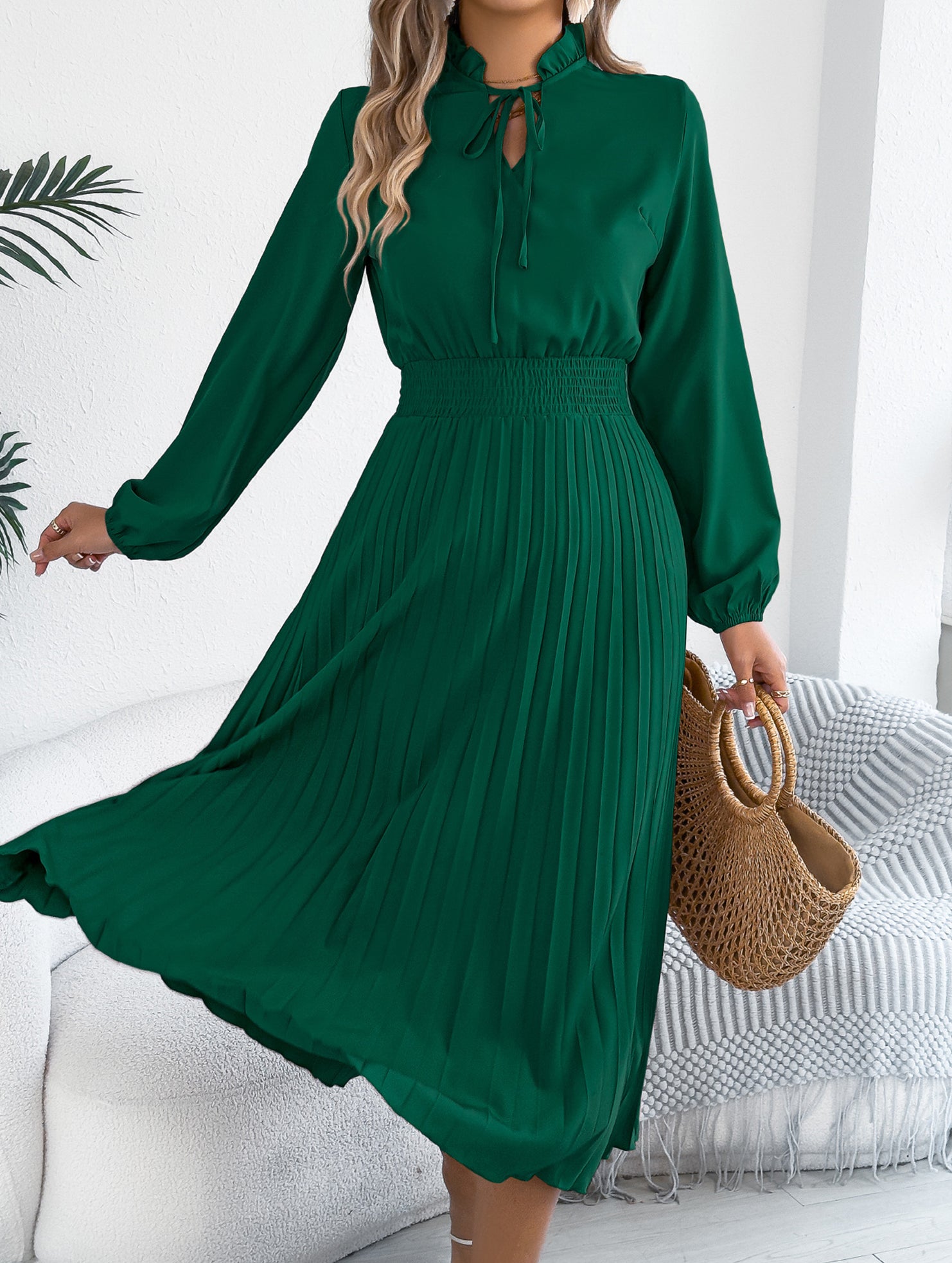 Tie Waist Lantern Sleeve Pleated Dress_CWDMD02372