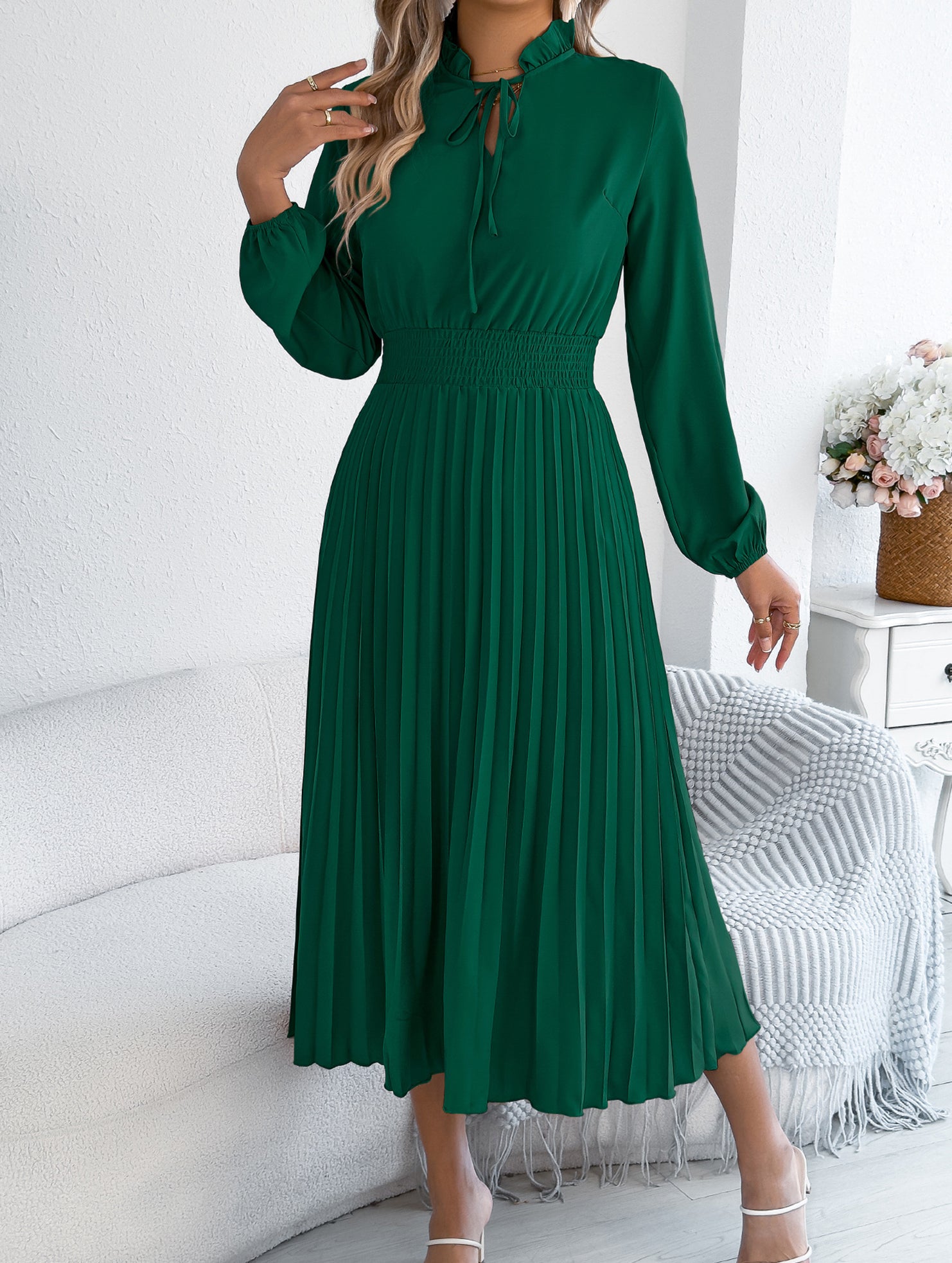 Tie Waist Lantern Sleeve Pleated Dress_CWDMD02372