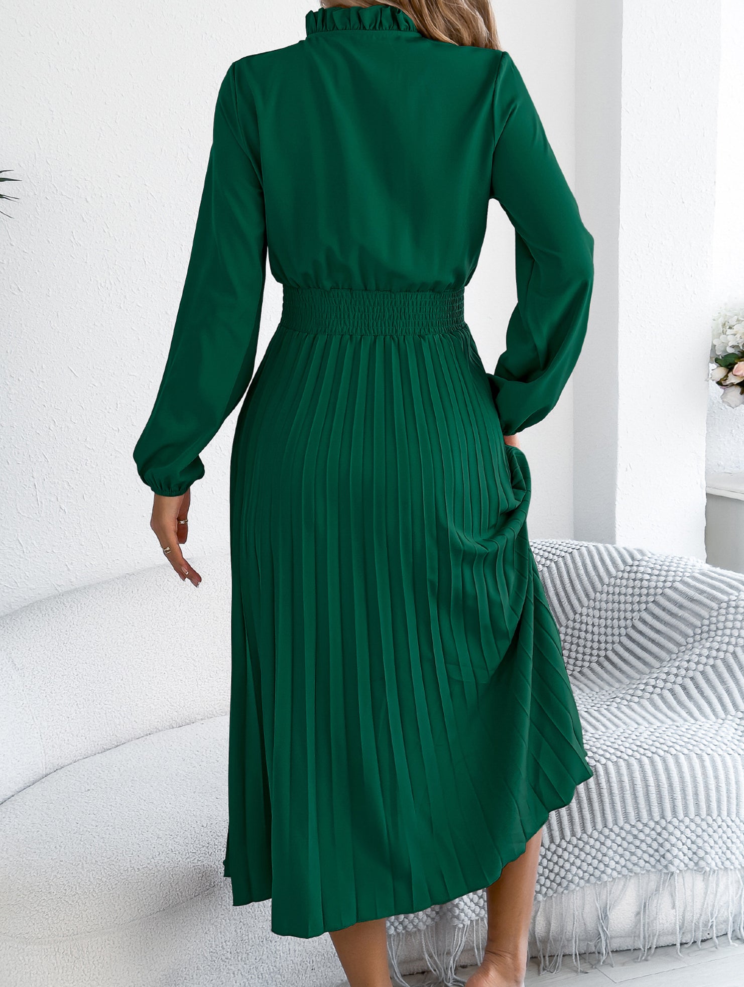 Tie Waist Lantern Sleeve Pleated Dress_CWDMD02372