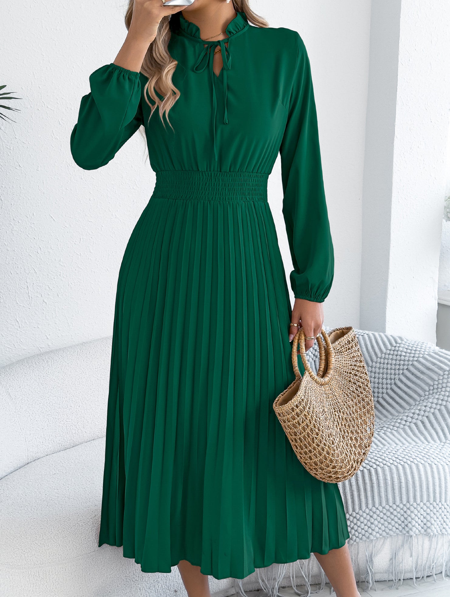 Tie Waist Lantern Sleeve Pleated Dress_CWDMD02372