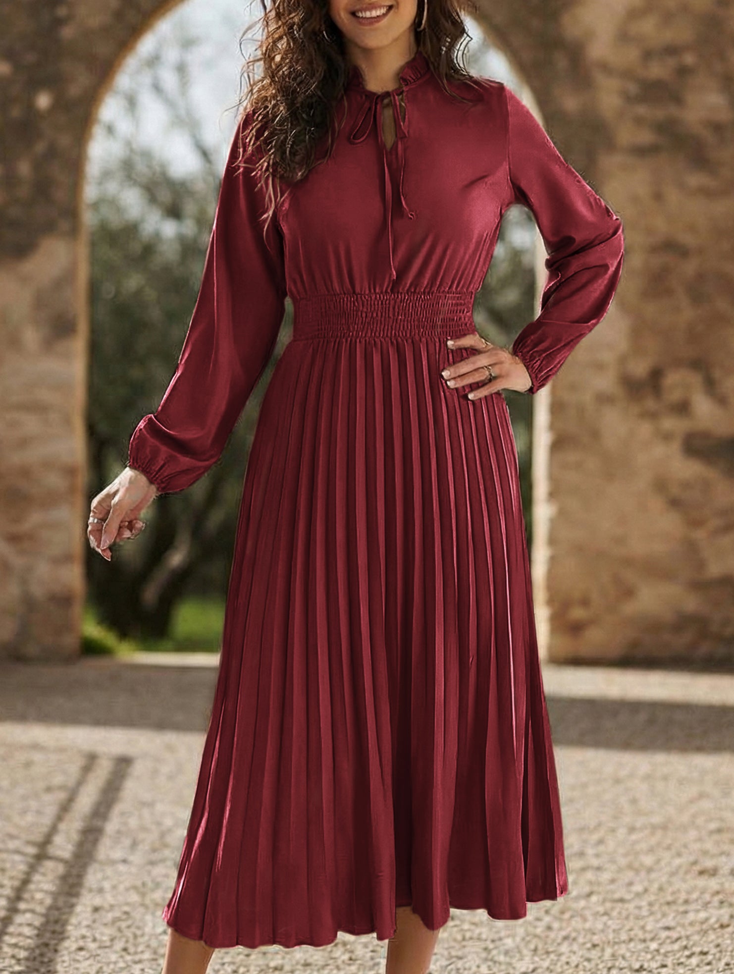 Tie Waist Lantern Sleeve Pleated Dress_CWDMD02372