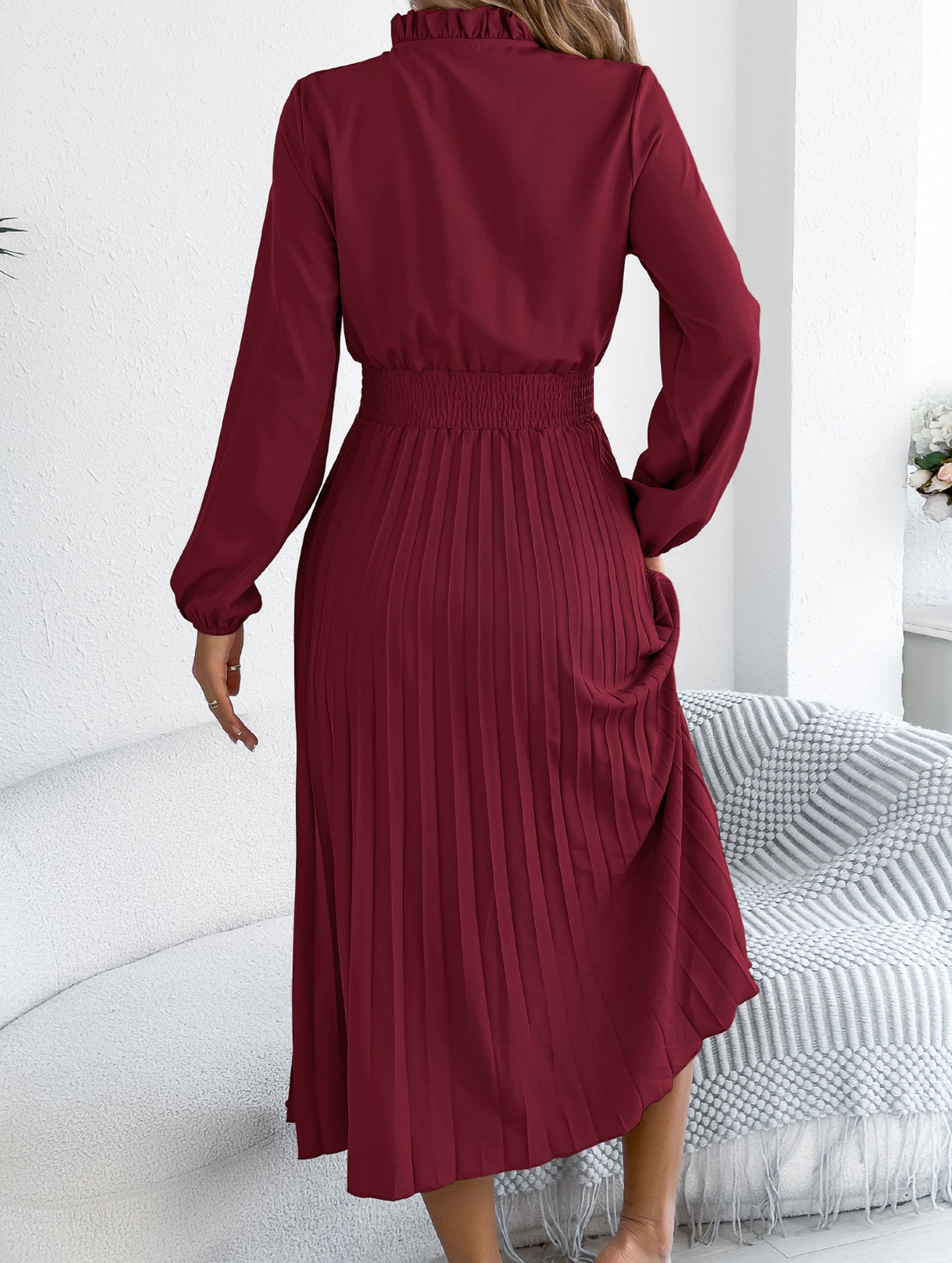 Tie Waist Lantern Sleeve Pleated Dress_CWDMD02372
