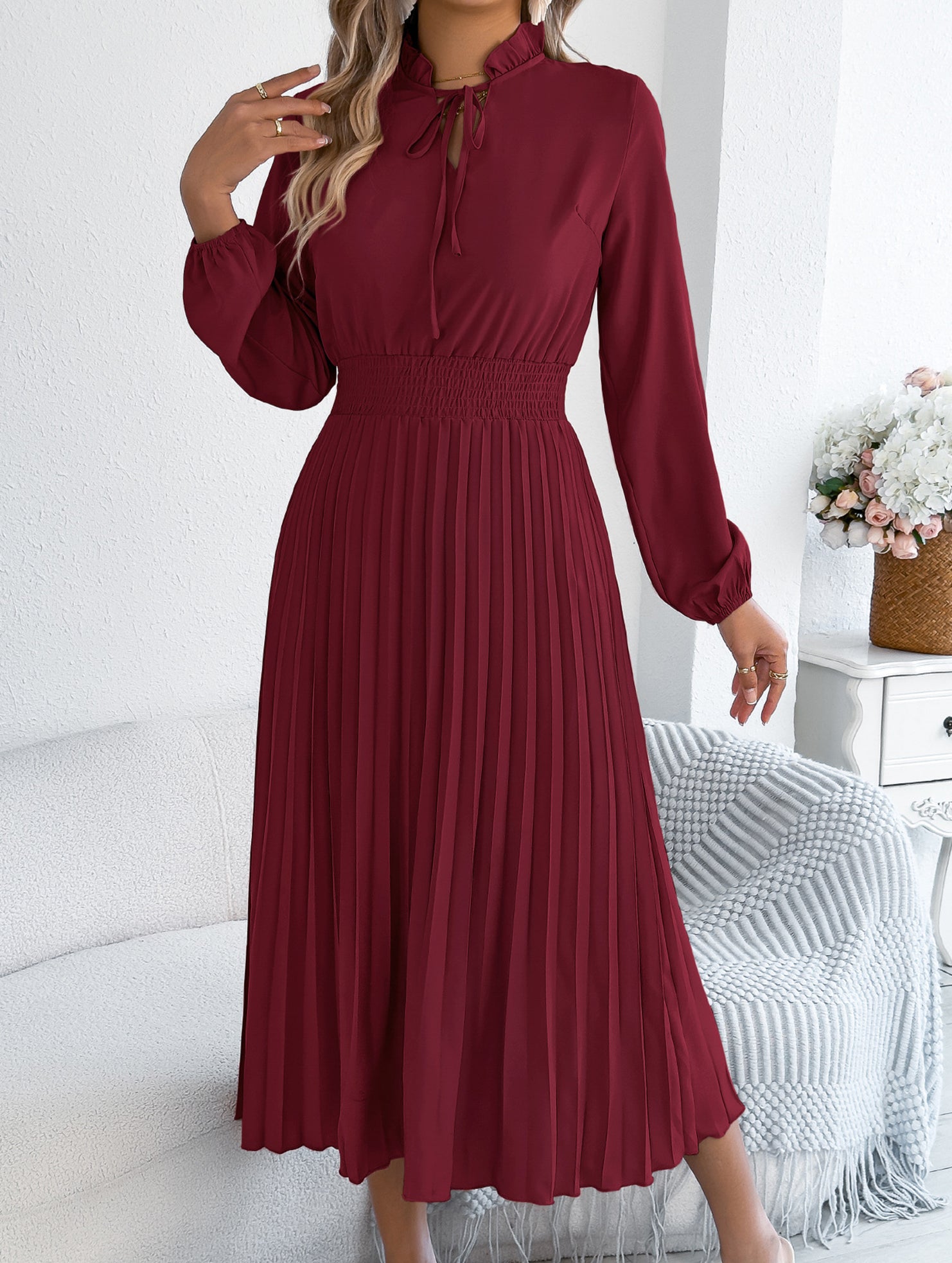 Tie Waist Lantern Sleeve Pleated Dress_CWDMD02372
