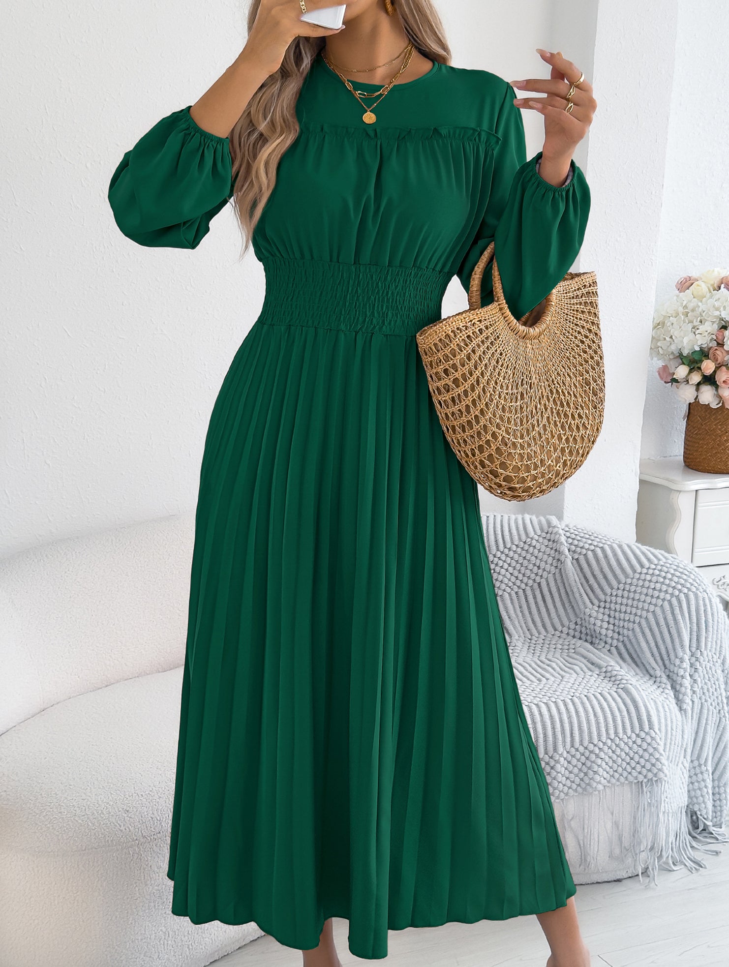 Ruffle Trim Long Sleeve Pleated Maxi Dress