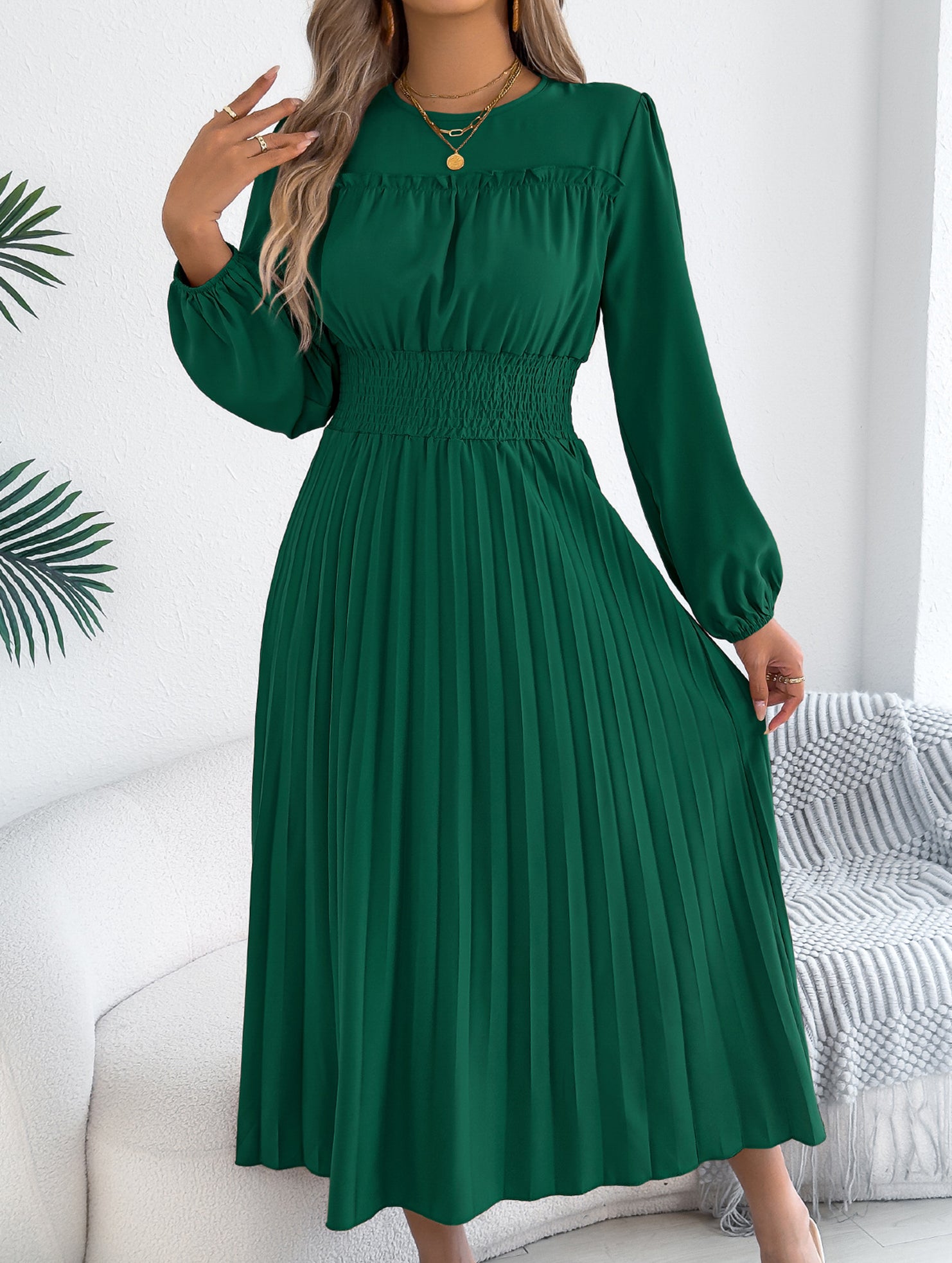 Ruffle Trim Long Sleeve Pleated Maxi Dress