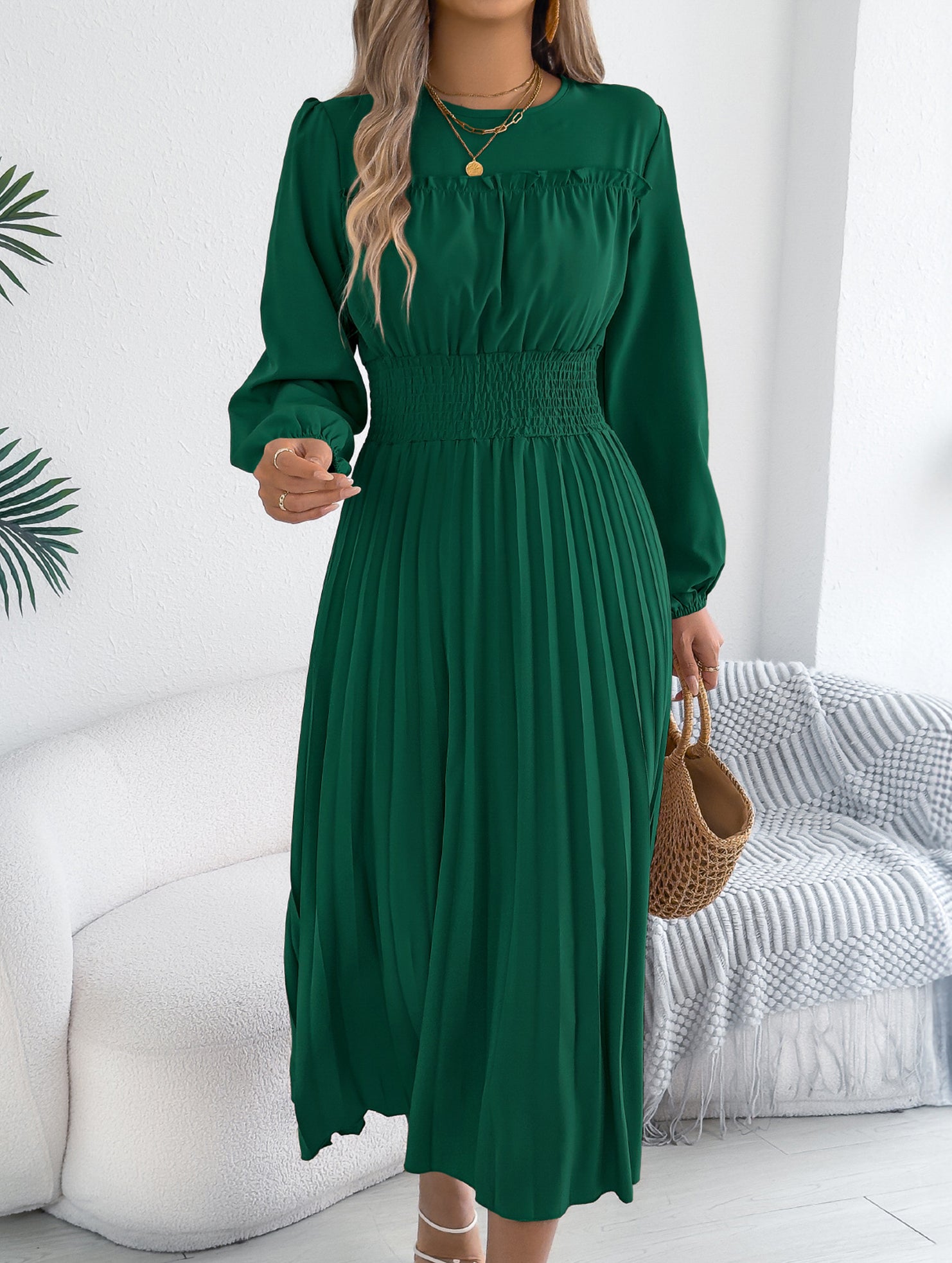 Ruffle Trim Long Sleeve Pleated Maxi Dress