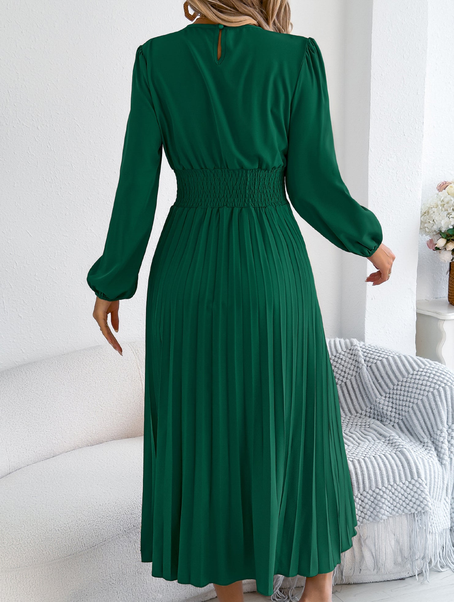 Ruffle Trim Long Sleeve Pleated Maxi Dress