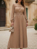 Ruffle Trim Long Sleeve Pleated Maxi Dress