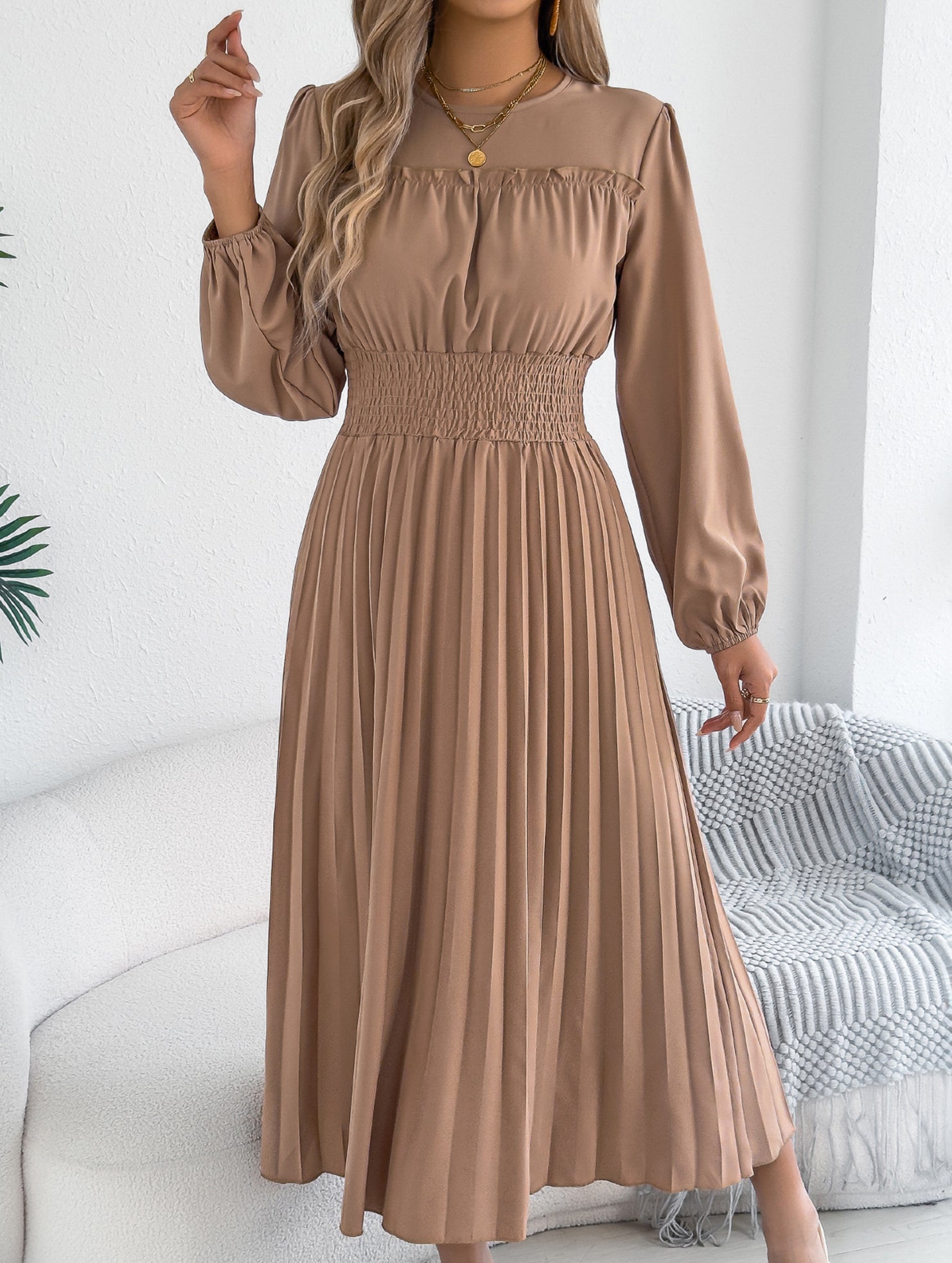 Ruffle Trim Long Sleeve Pleated Maxi Dress