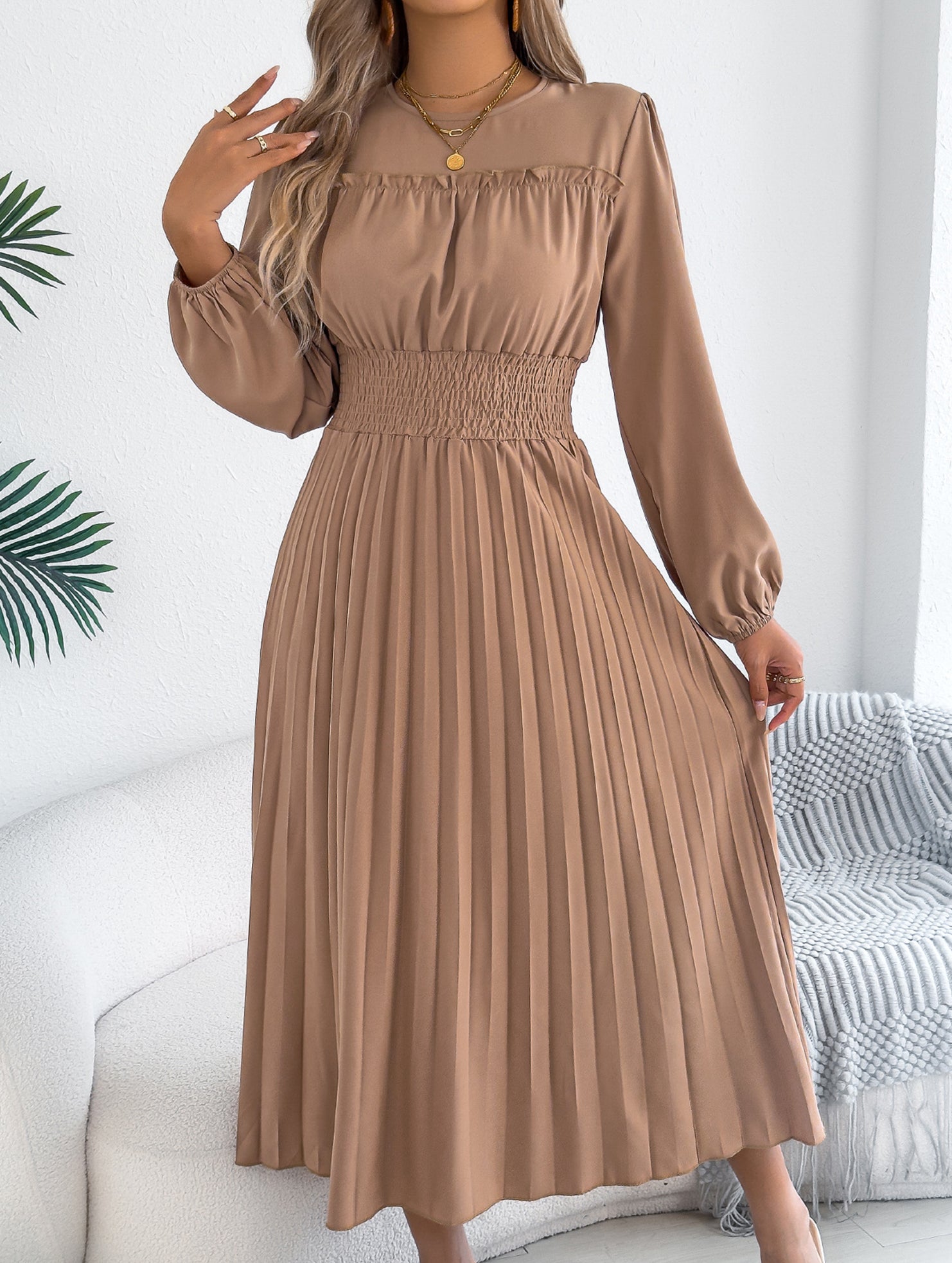 Ruffle Trim Long Sleeve Pleated Maxi Dress