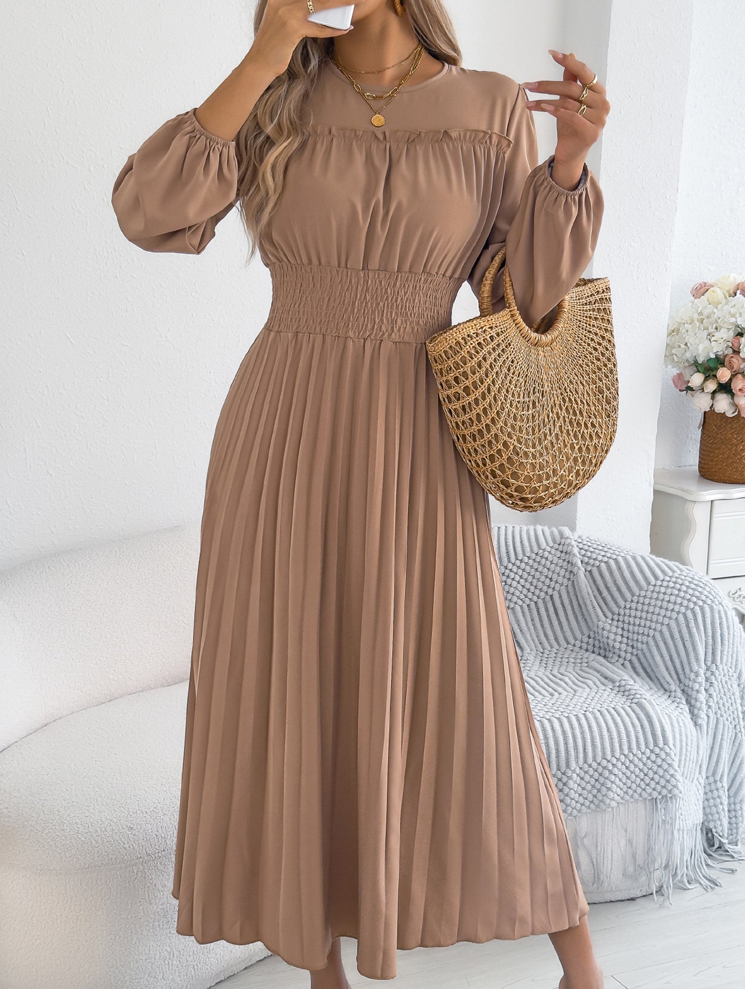 Ruffle Trim Long Sleeve Pleated Maxi Dress