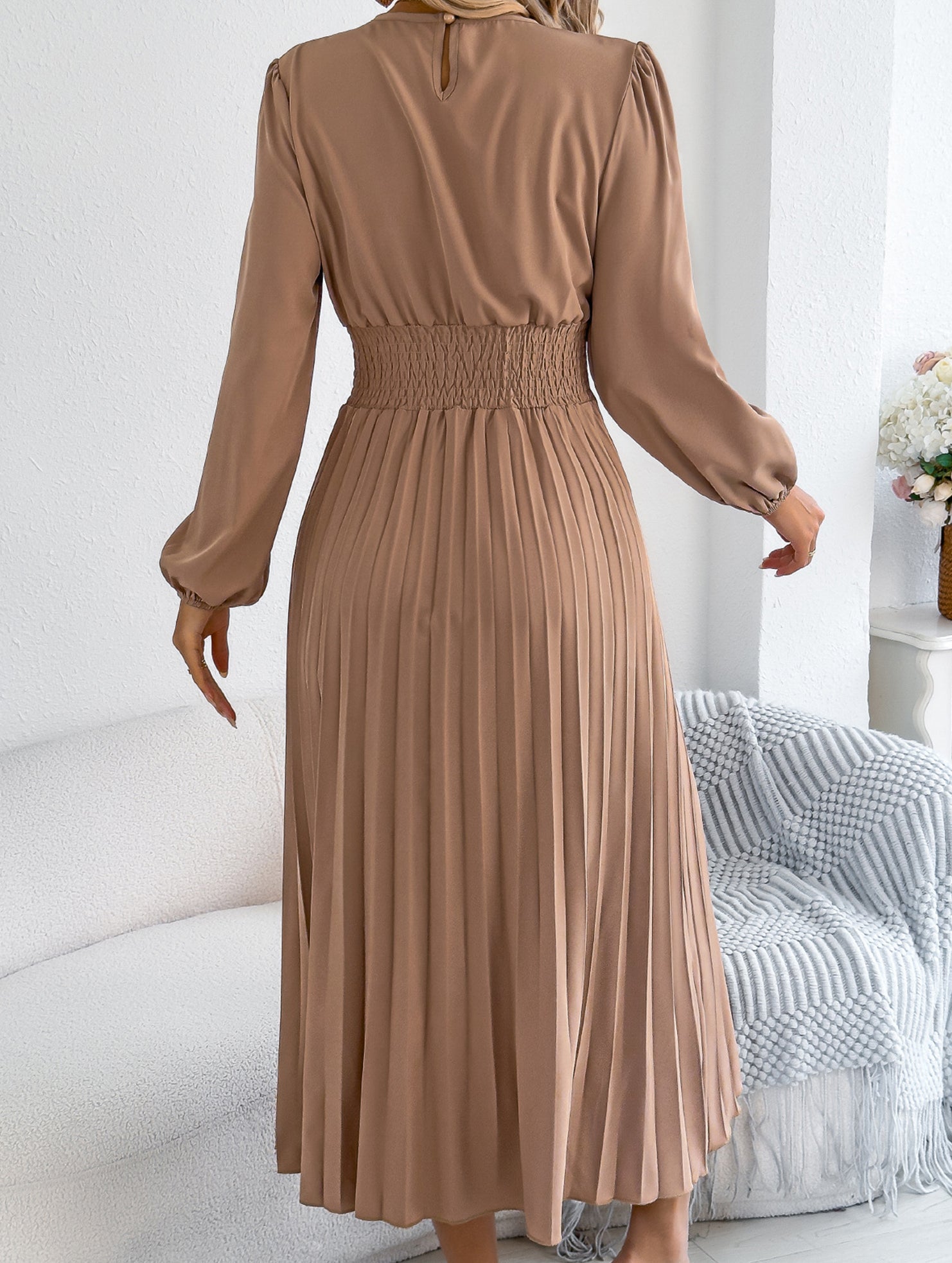 Ruffle Trim Long Sleeve Pleated Maxi Dress