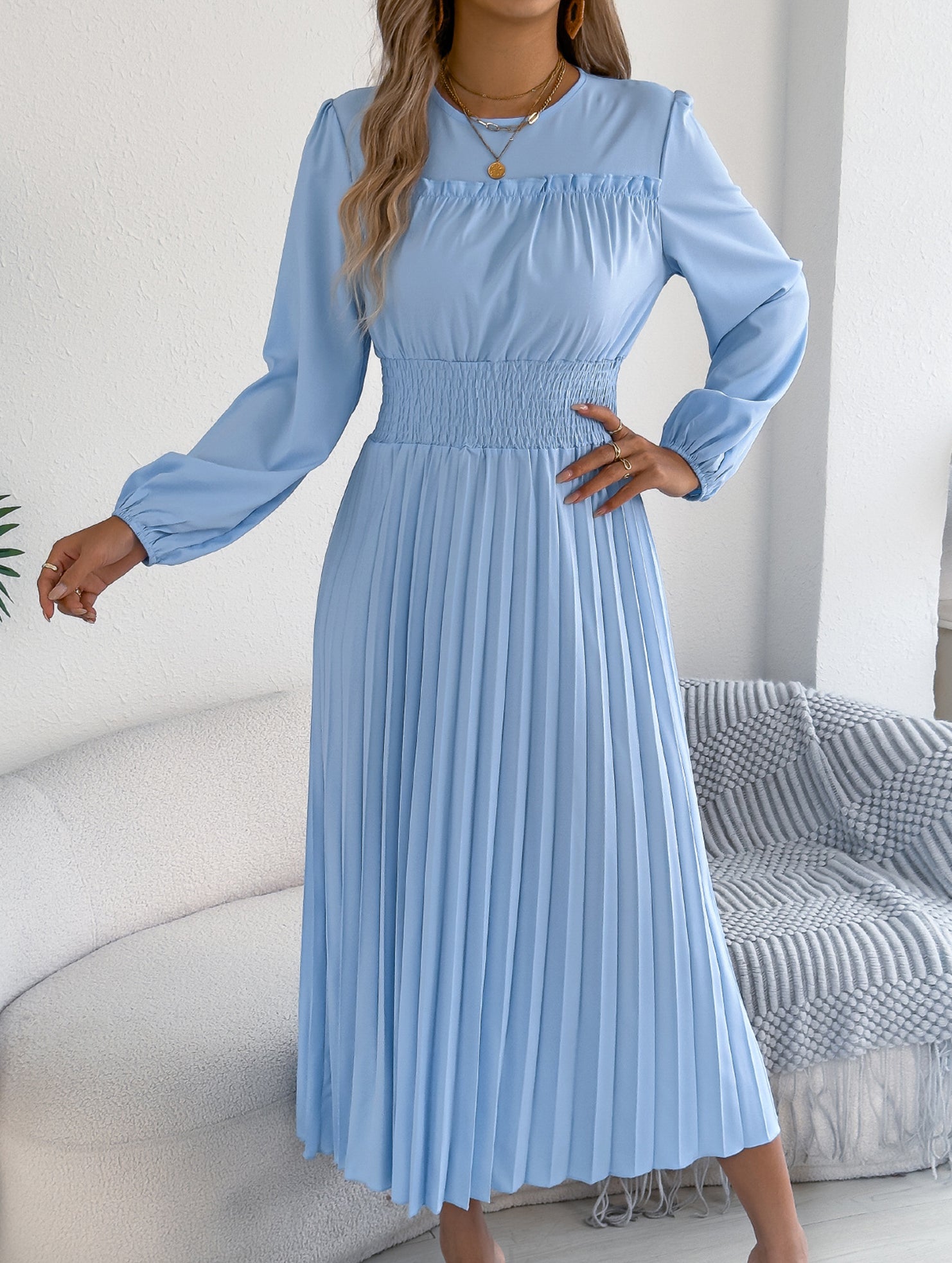 Ruffle Trim Long Sleeve Pleated Maxi Dress
