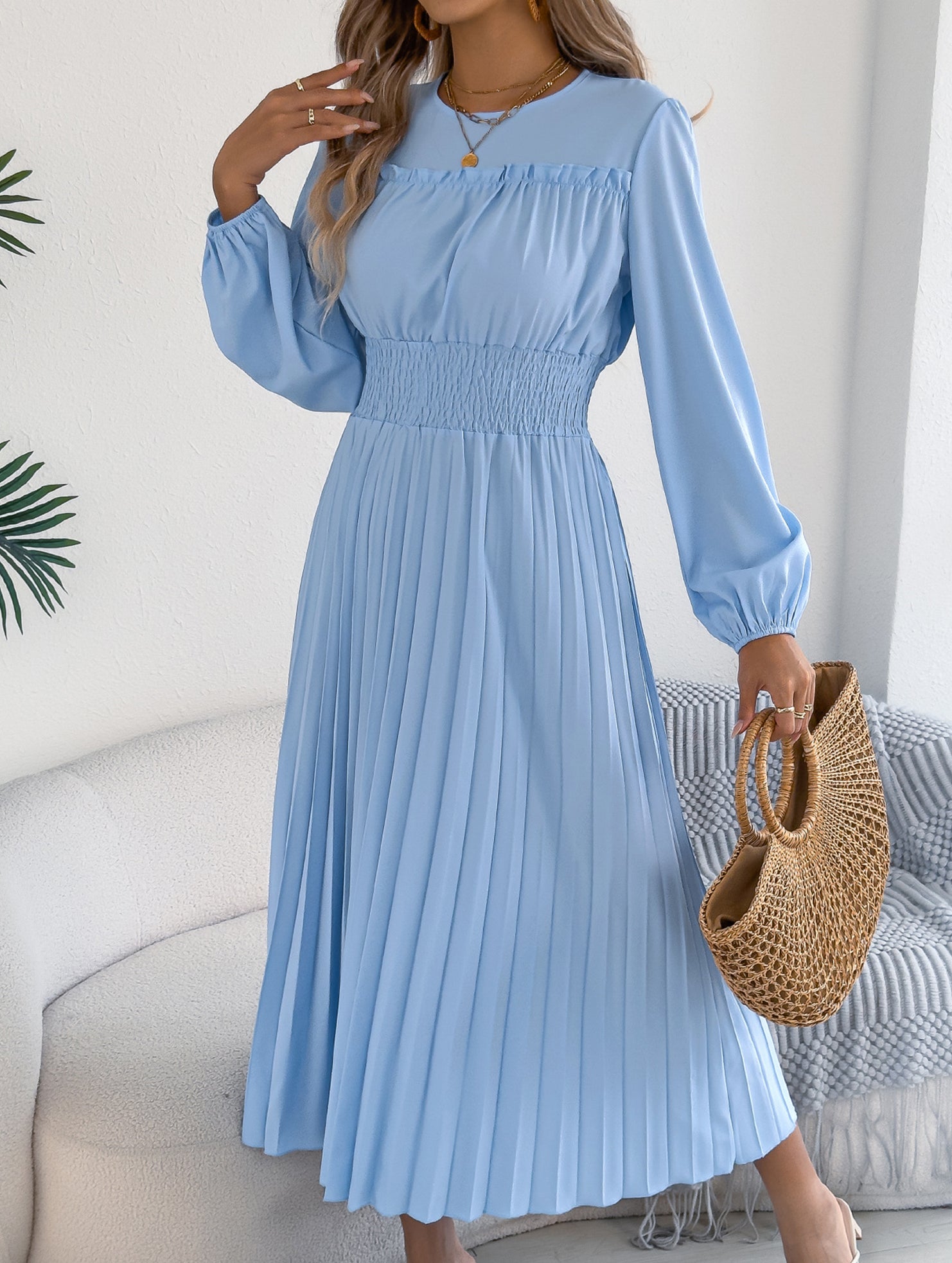 Ruffle Trim Long Sleeve Pleated Maxi Dress