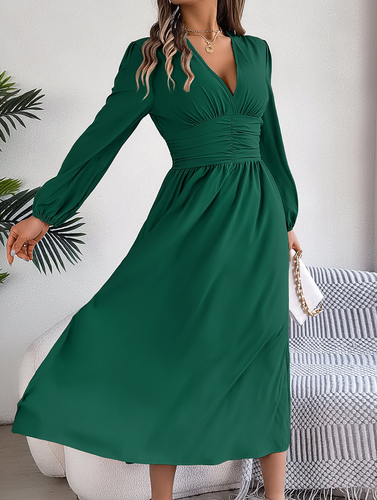 Solid V Neck Slit Long Sleeve Dress_CWDMD02374