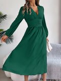 Solid V Neck Slit Long Sleeve Dress_CWDMD02374