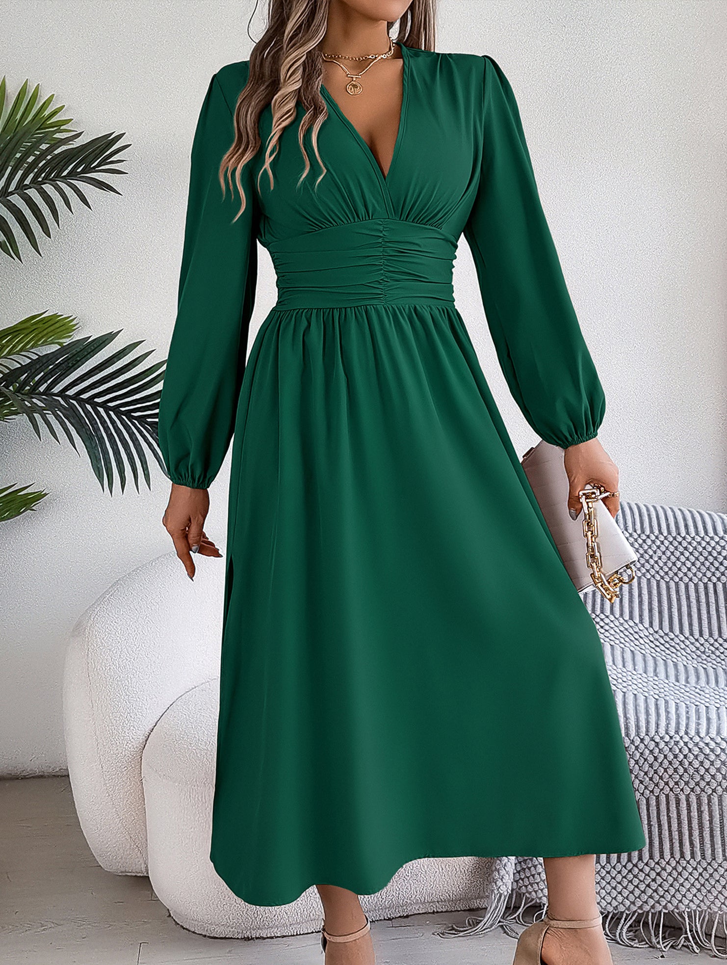 Solid V Neck Slit Long Sleeve Dress_CWDMD02374