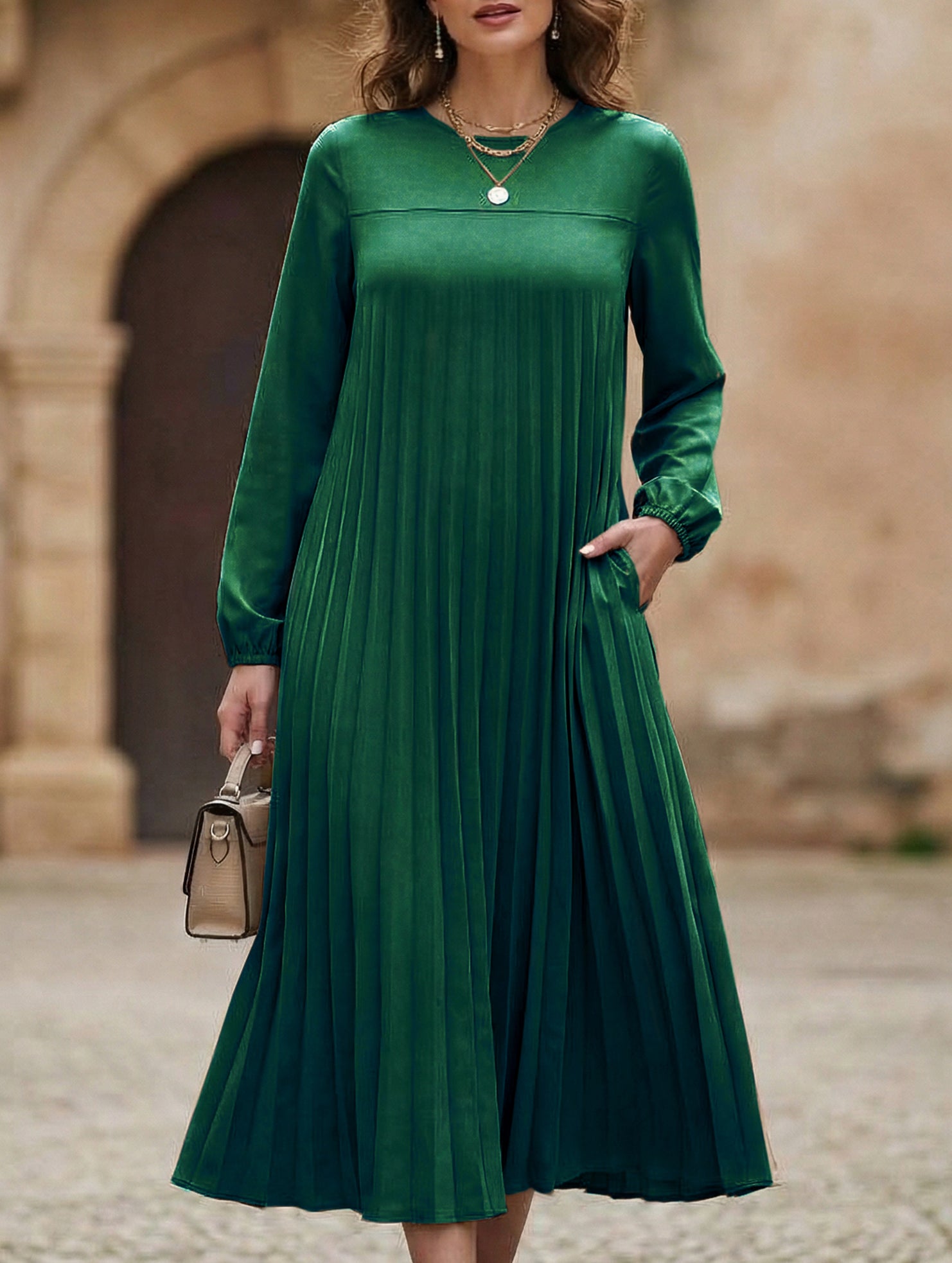Solid Long Sleeve Pocket Pleated Dress