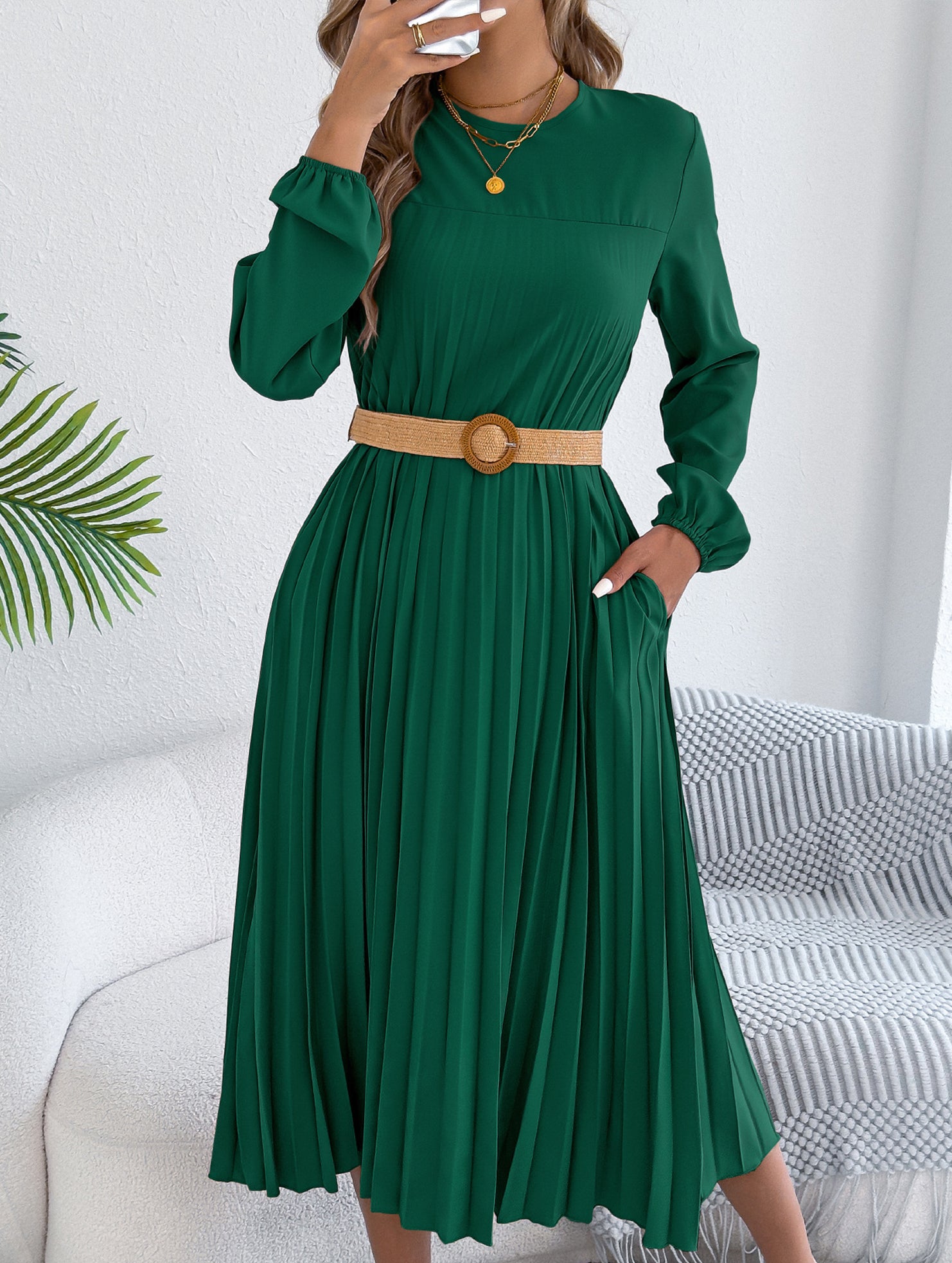 Solid Long Sleeve Pocket Pleated Dress