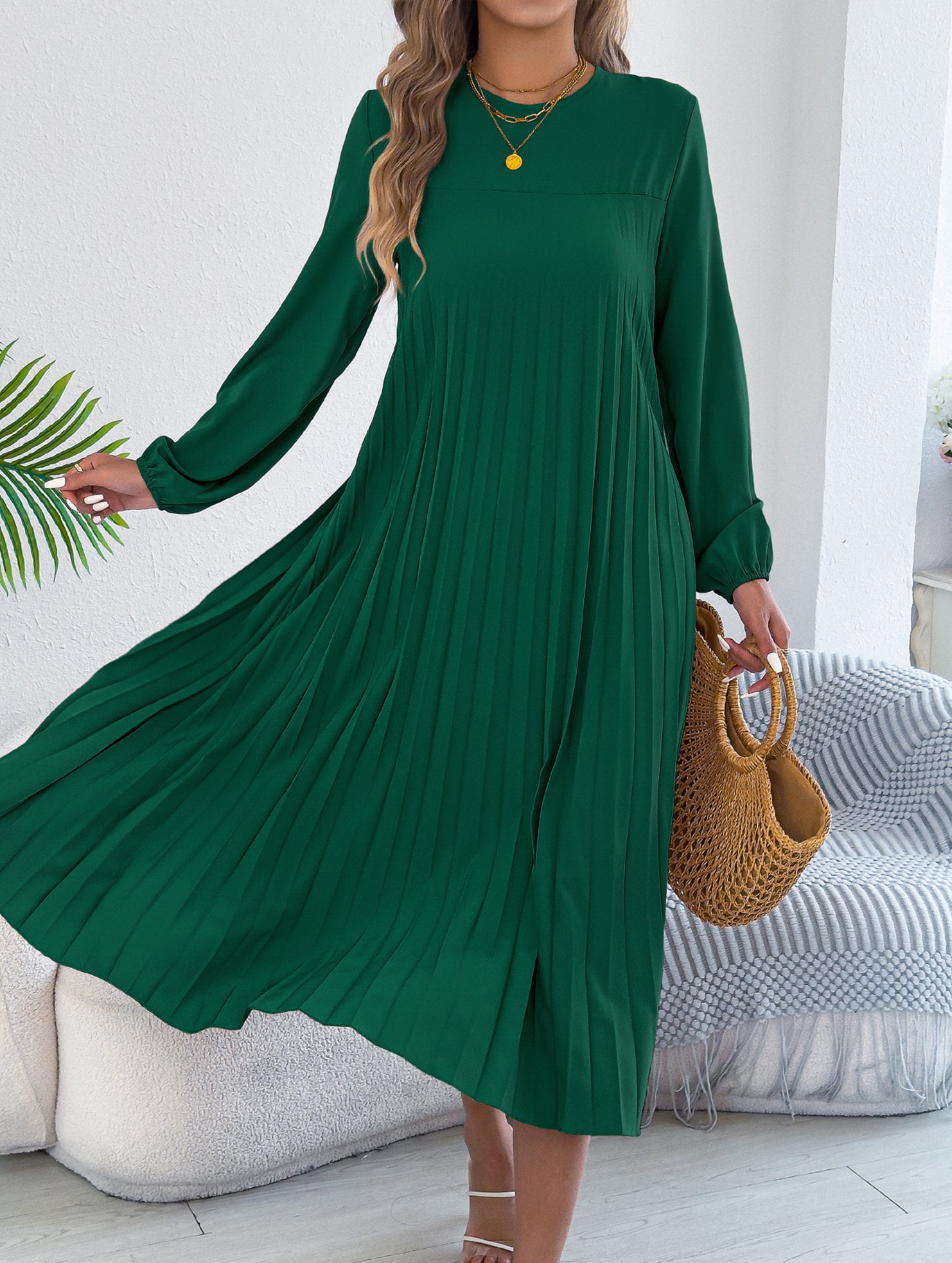 Solid Long Sleeve Pocket Pleated Dress