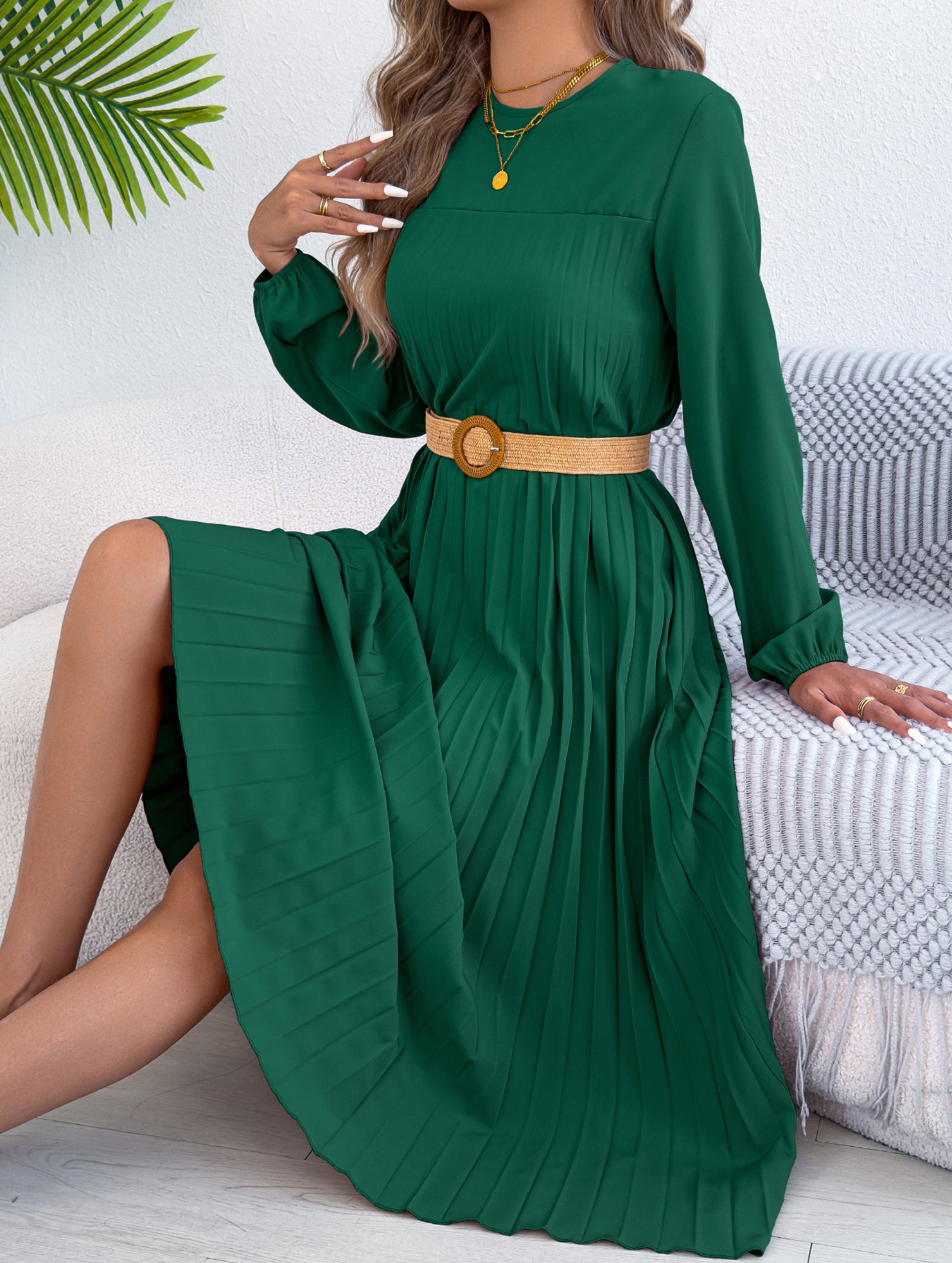 Solid Long Sleeve Pocket Pleated Dress