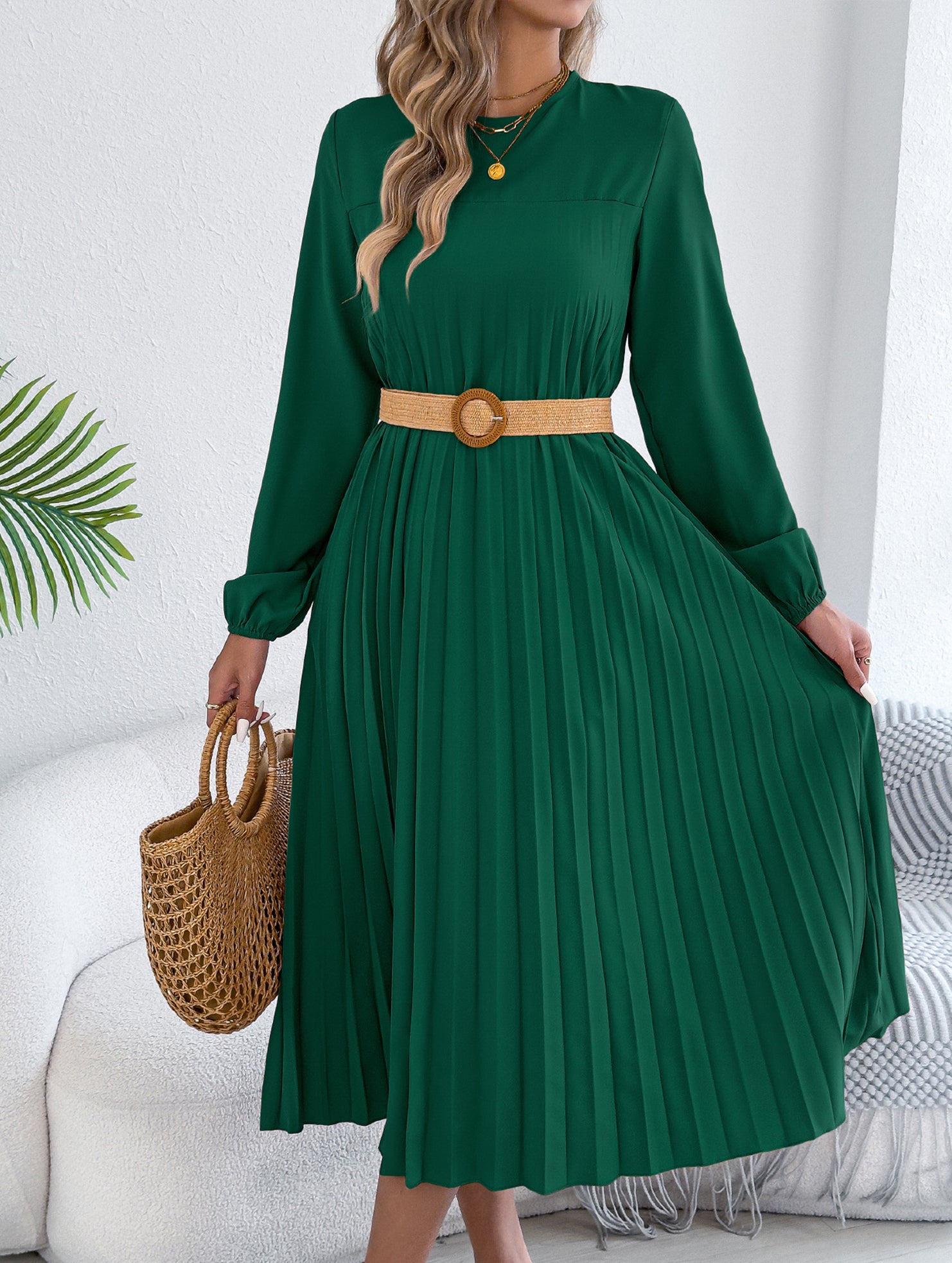 Solid Long Sleeve Pocket Pleated Dress