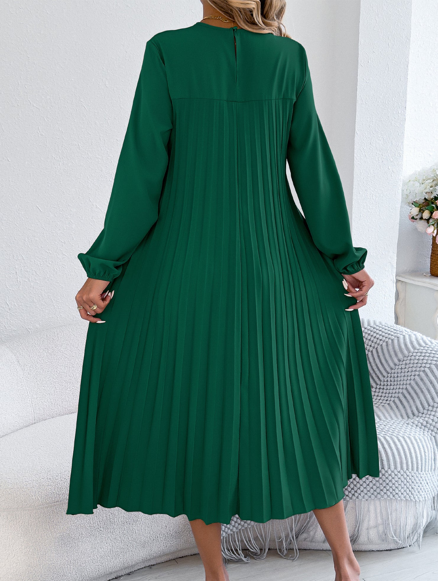 Solid Long Sleeve Pocket Pleated Dress