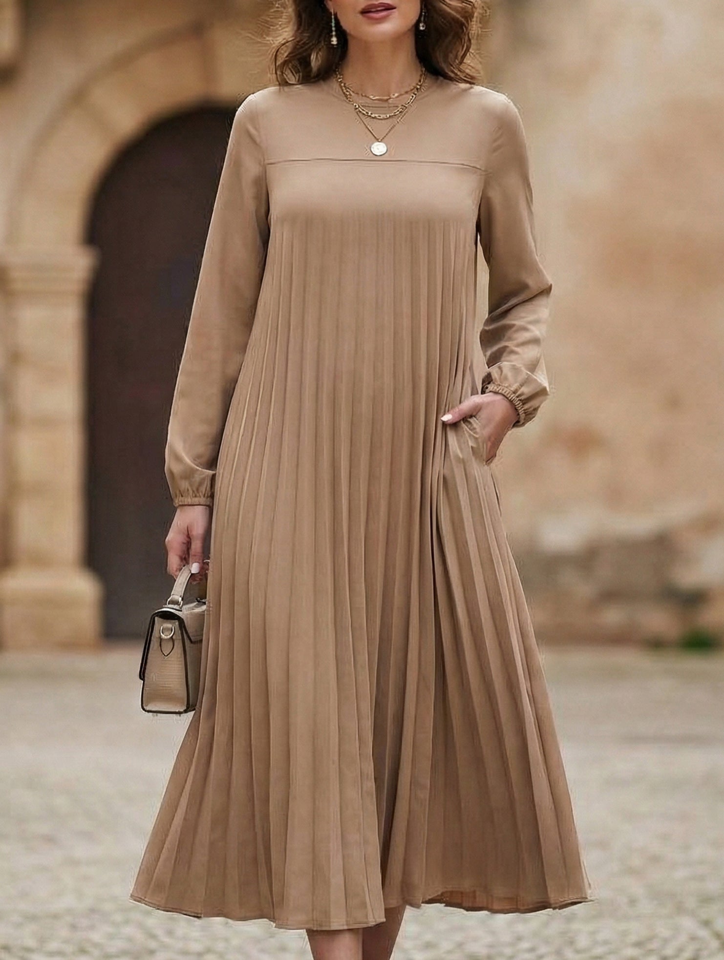 Solid Long Sleeve Pocket Pleated Dress